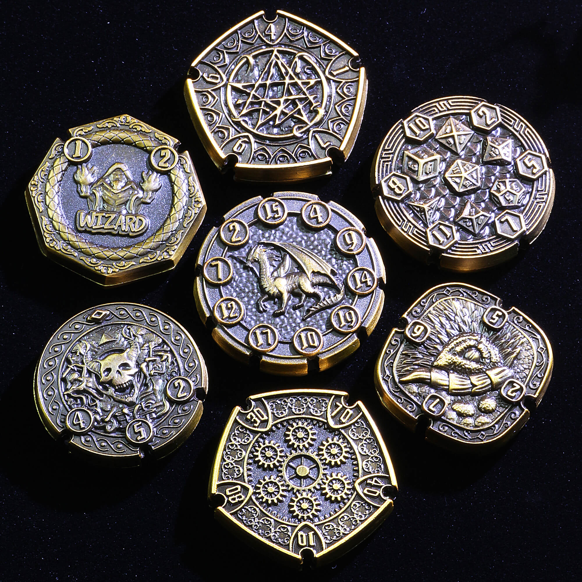 7 Die Metal Flip DnD Coin Dice Set - Dice of Dragons