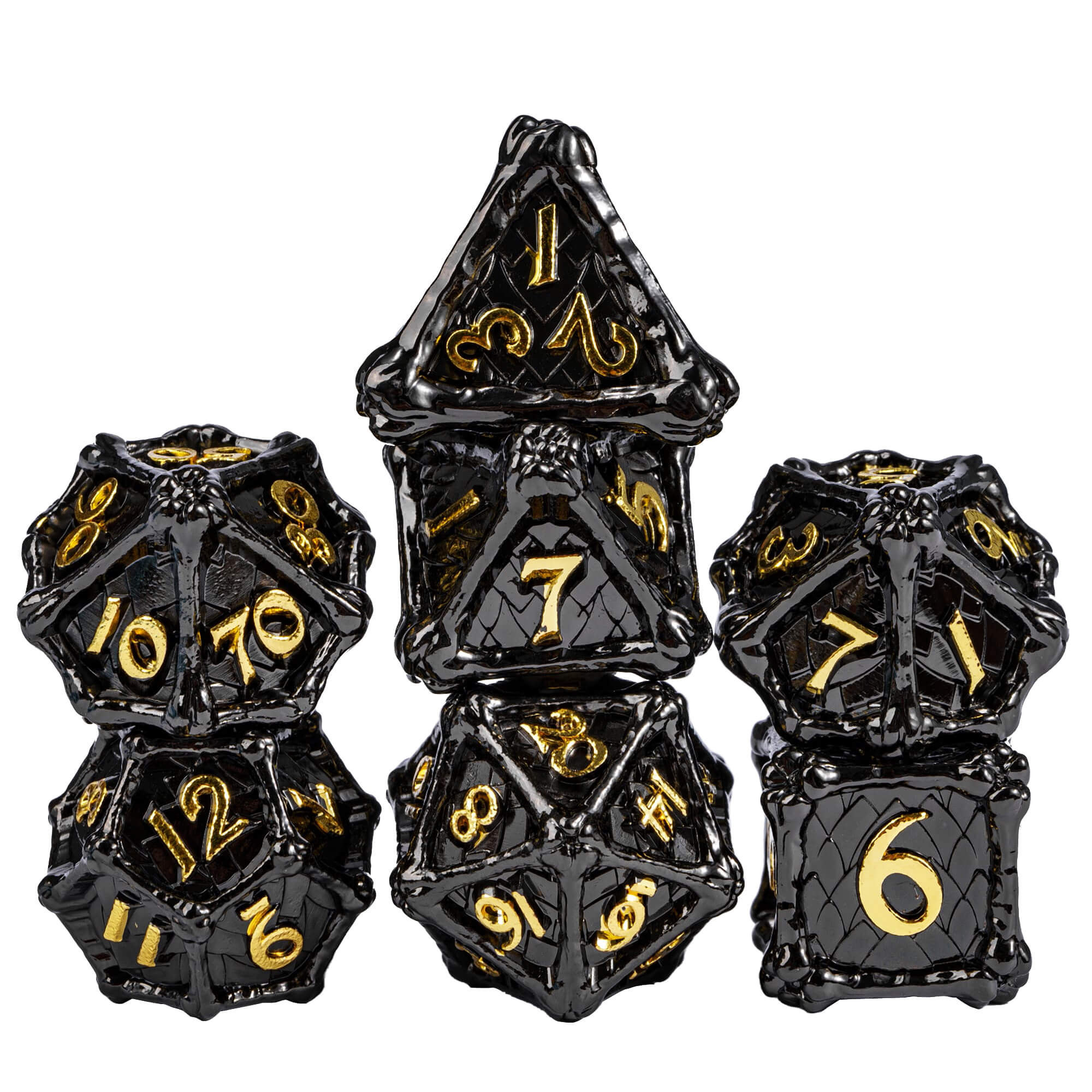 7 Dragon Bones Polyhedral Metal D&D Dice Sets Black Gold - Dice of Dragons