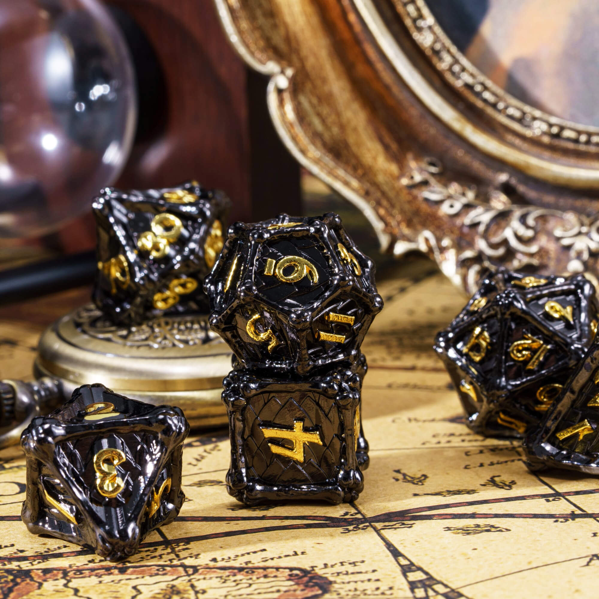 7 Dragon Bones Polyhedral Metal D&D Dice Sets Black Gold - Dice of Dragons