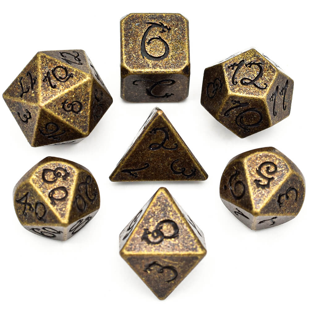 7 Dragon Font Polyhedral Metal DnD Dice Set Bronze - Dice of Dragons