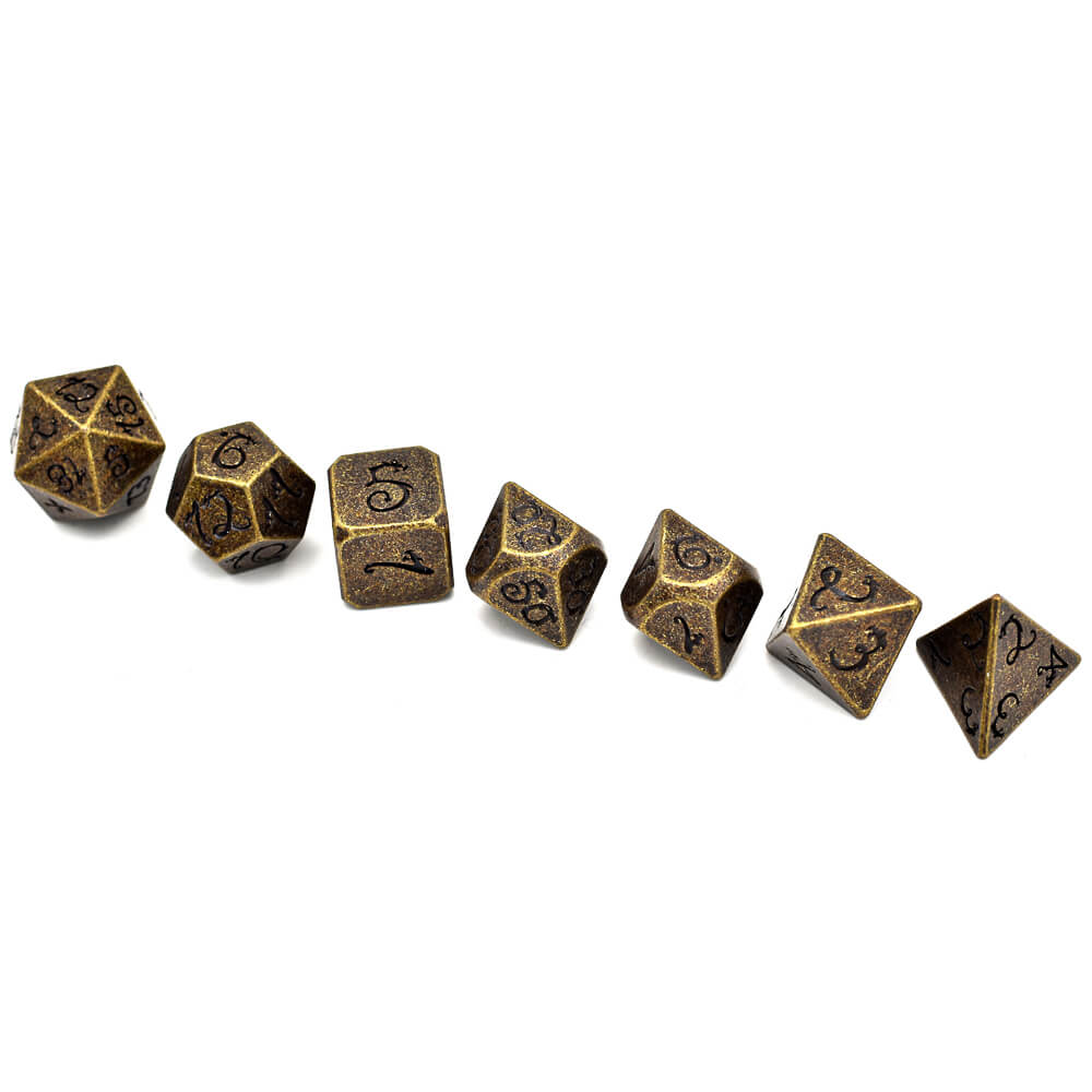 7 Dragon Font Polyhedral Metal DnD Dice Set Bronze - Dice of Dragons