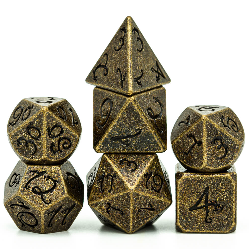 7 Dragon Font Polyhedral Metal DnD Dice Set Bronze - Dice of Dragons