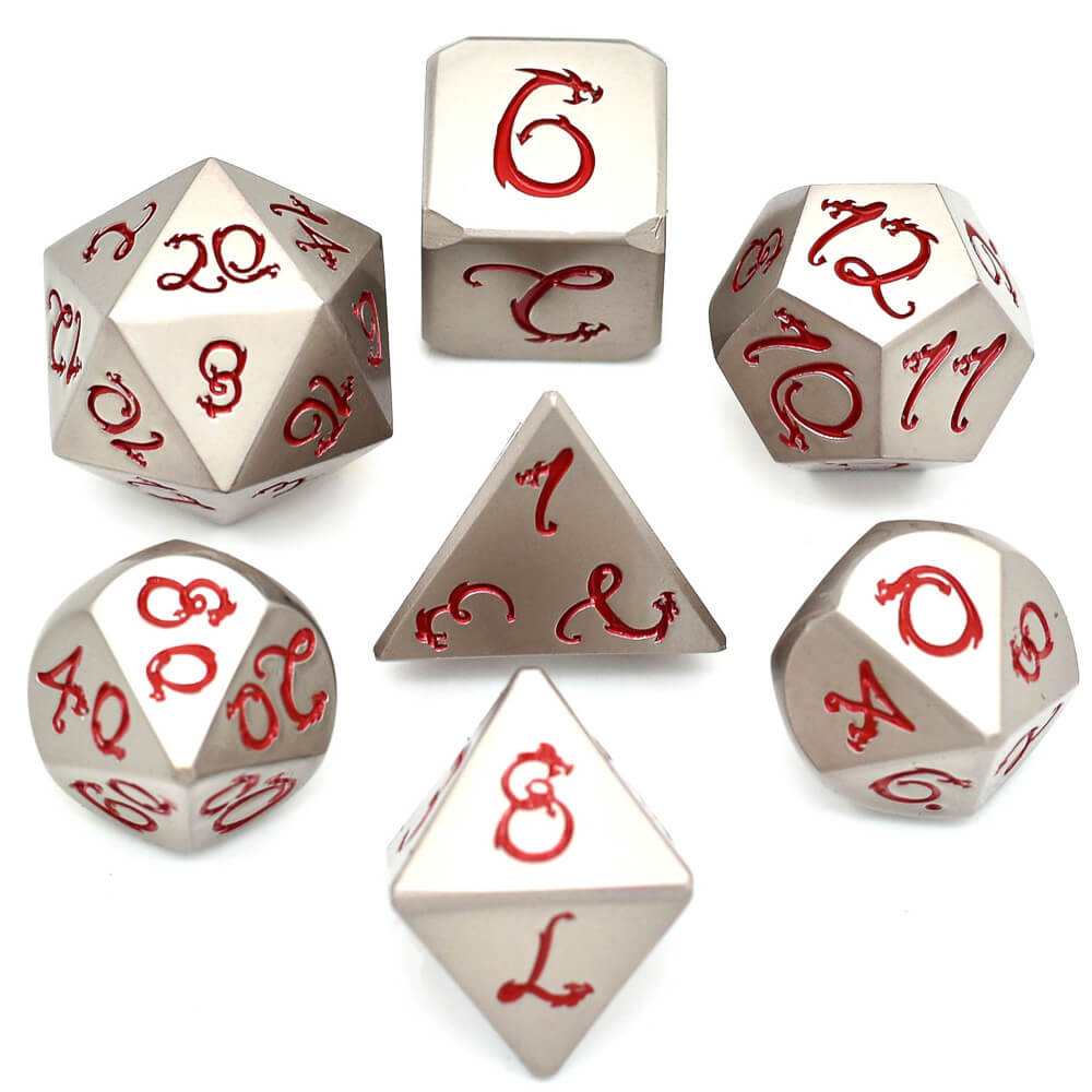 7 Dragon Font Polyhedral Metal D&D Dice Sets Nickel Red - Dice of Dragons