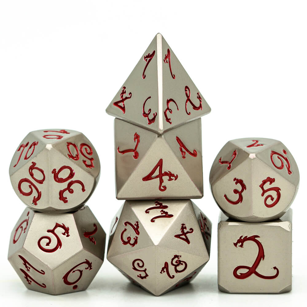 7 Dragon Font Polyhedral Metal D&D Dice Sets Nickel Red - Dice of Dragons