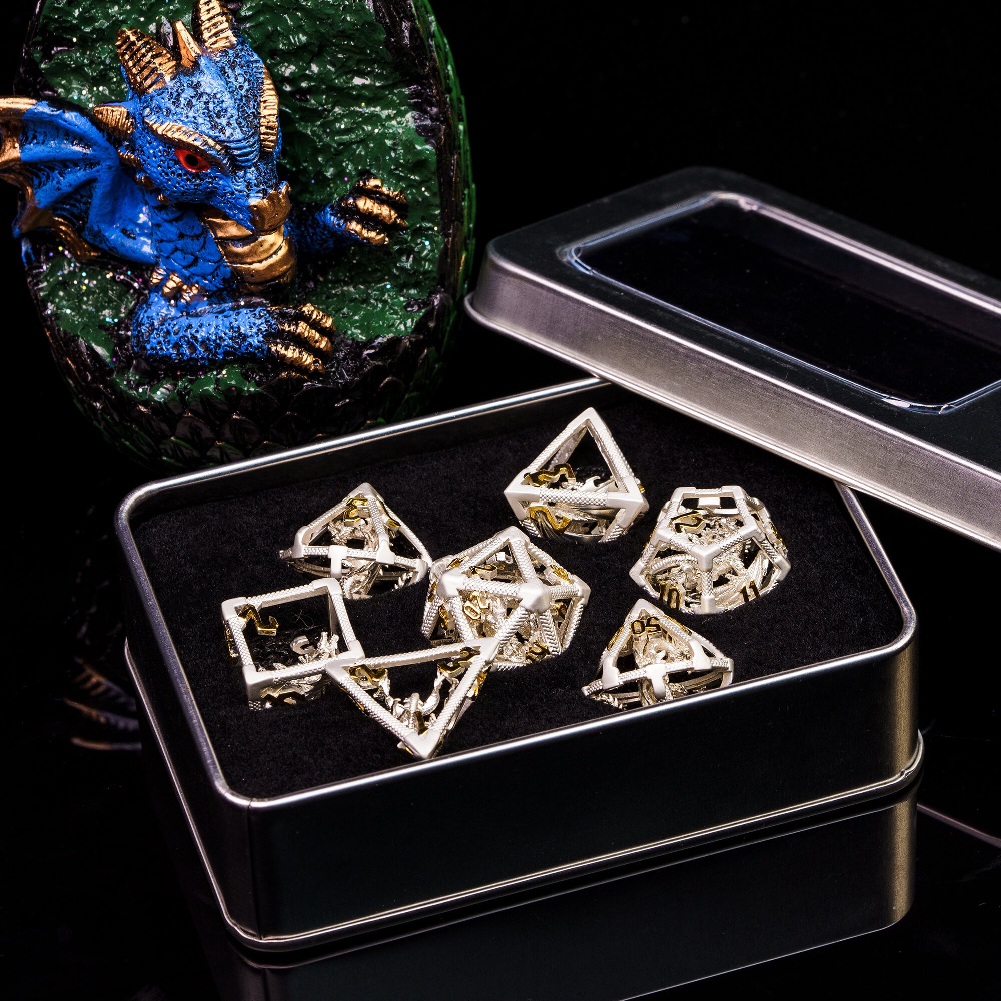 7 Dragon Polyhedral Hollow Metal Dice Sets DD Silver Gold - Dice of Dragons