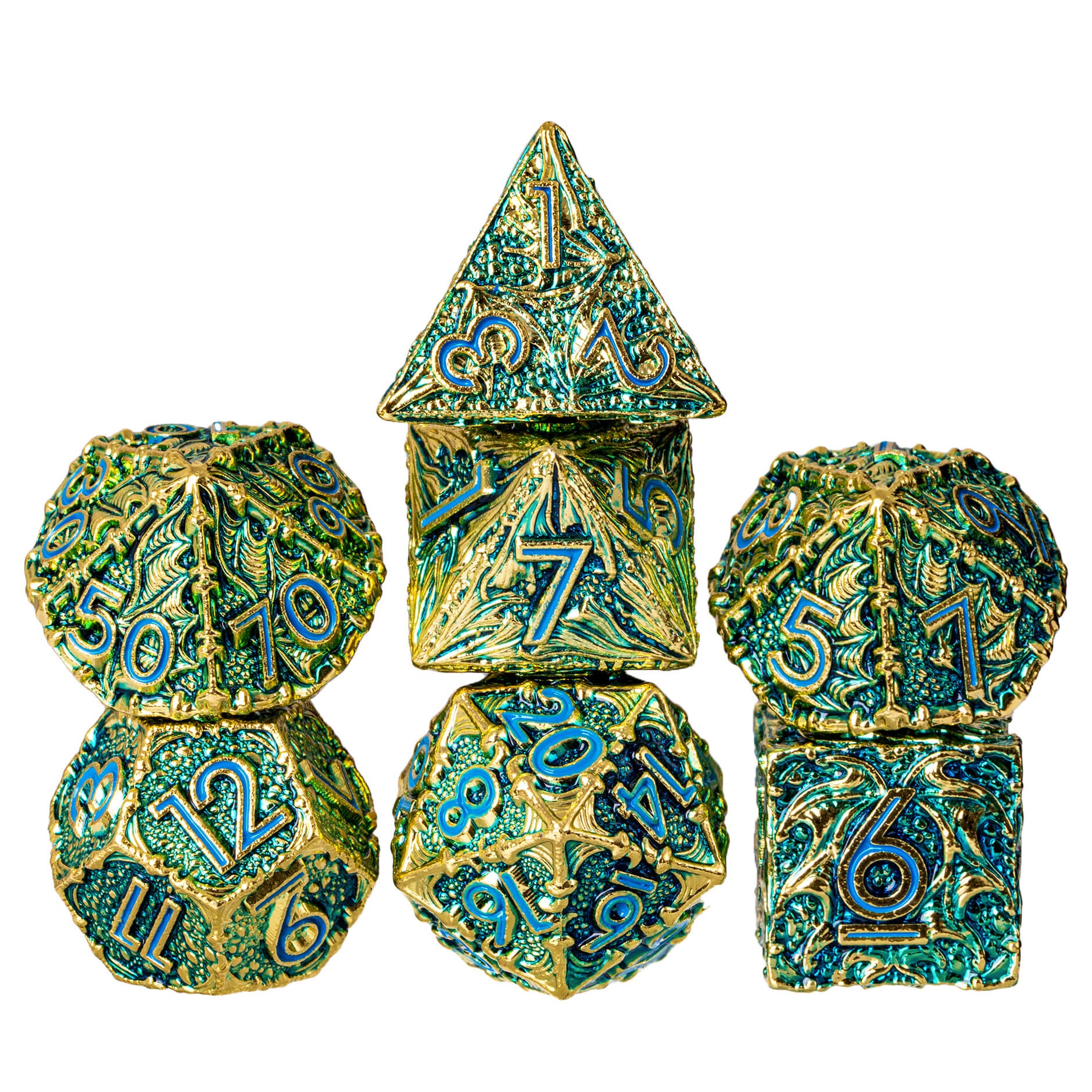 7 Dragon Polyhedral Metal D And D Dice Set Green Blue - Dice of Dragons