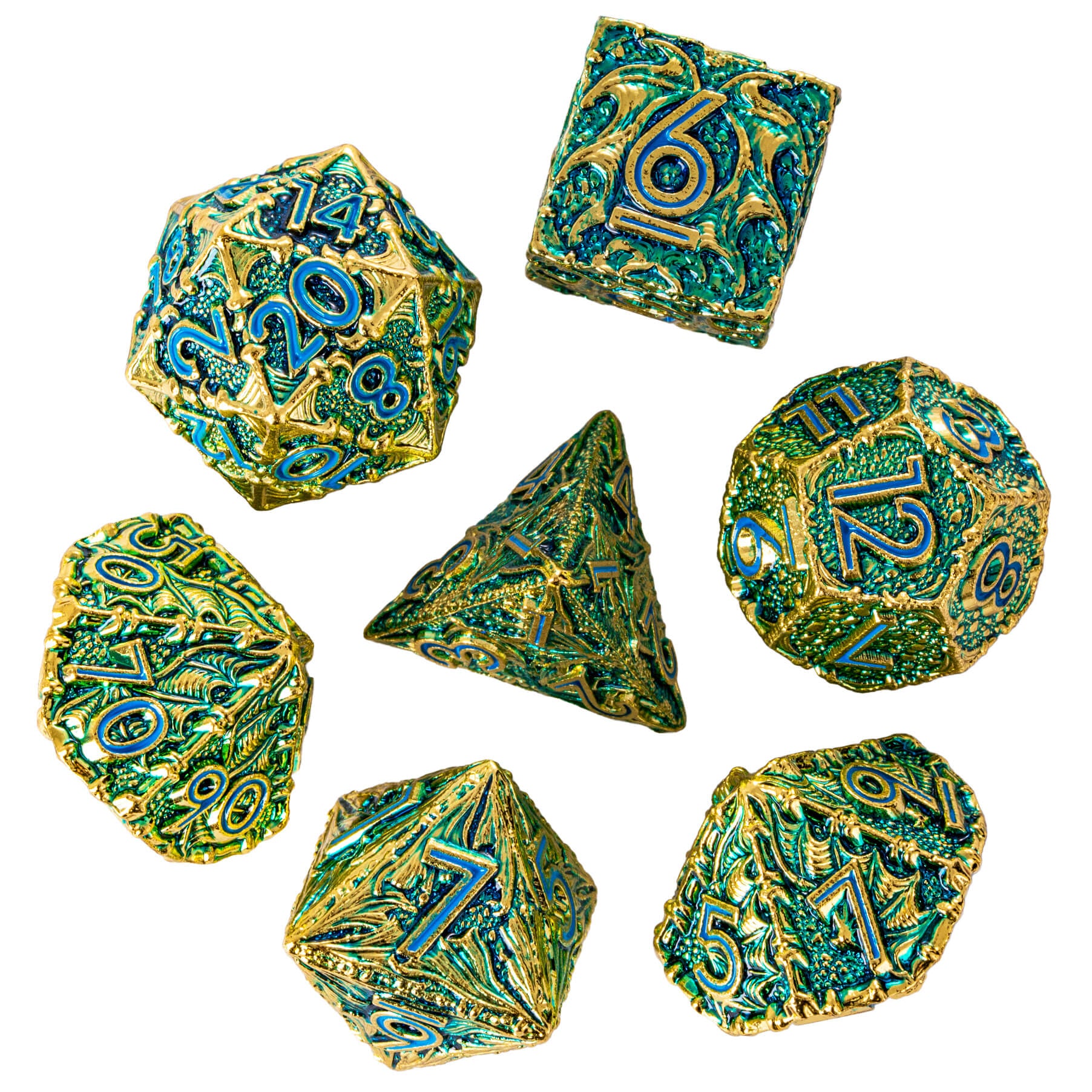 7 Dragon Polyhedral Metal D And D Dice Set Green Blue - Dice of Dragons