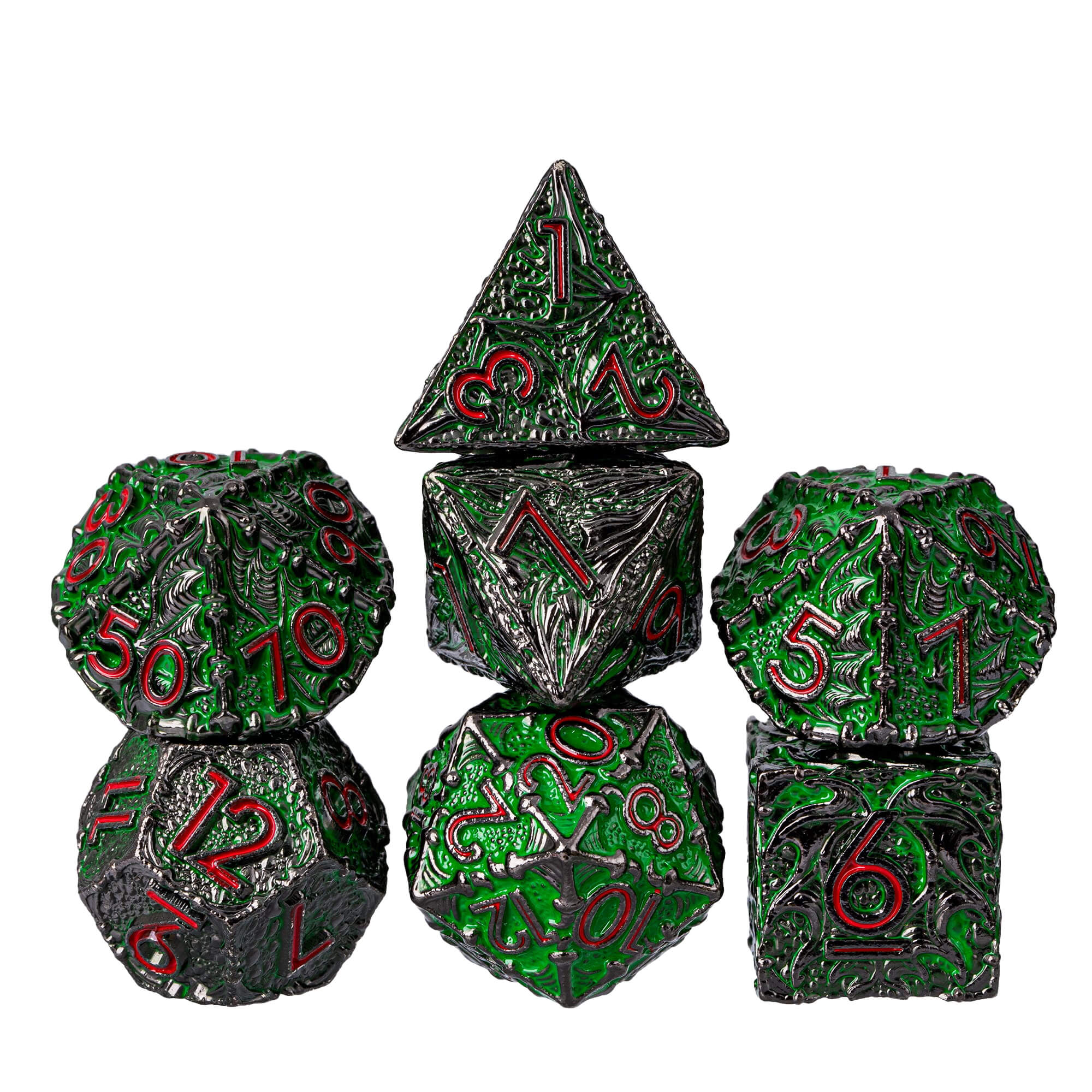 7 Dragon Polyhedral Metal Dice Sets DD Green Red - Dice of Dragons