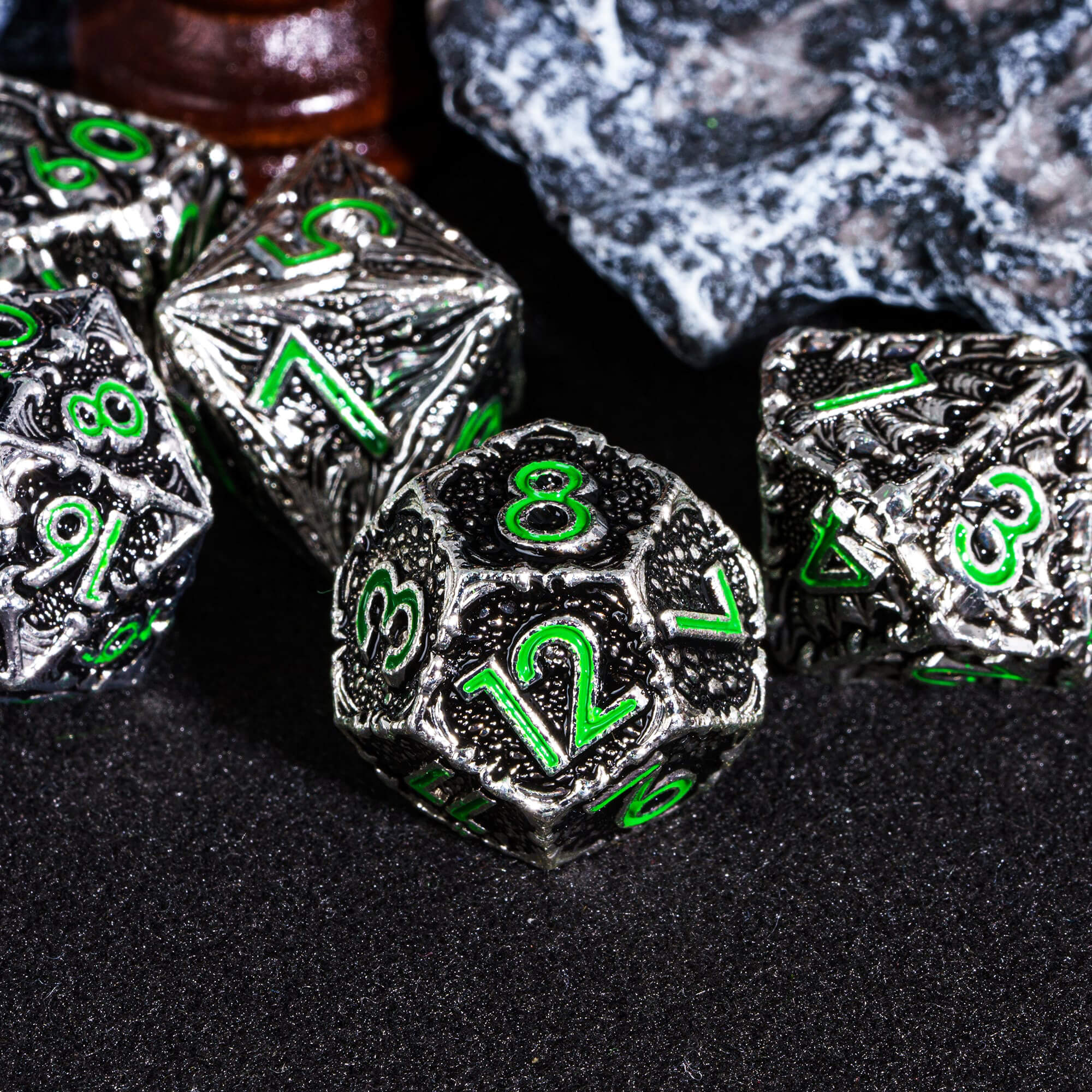 7 Dragon Polyhedral Metal D&D Dice Sets Black Green - Dice of Dragons