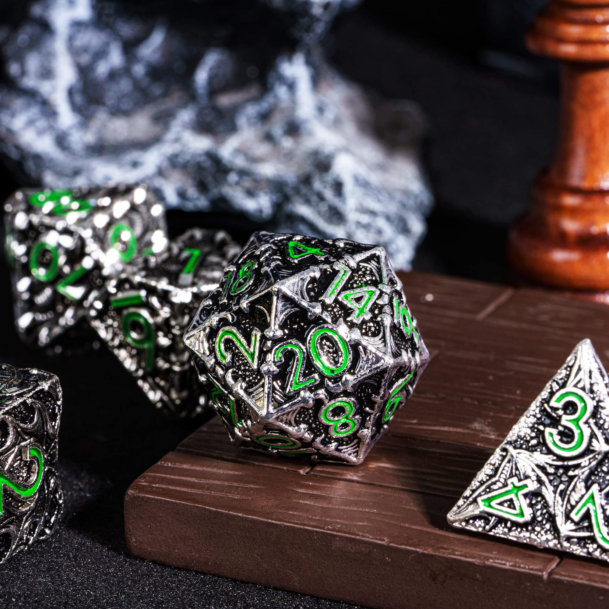 7 Dragon Polyhedral Metal D&D Dice Sets Black Green - Dice of Dragons