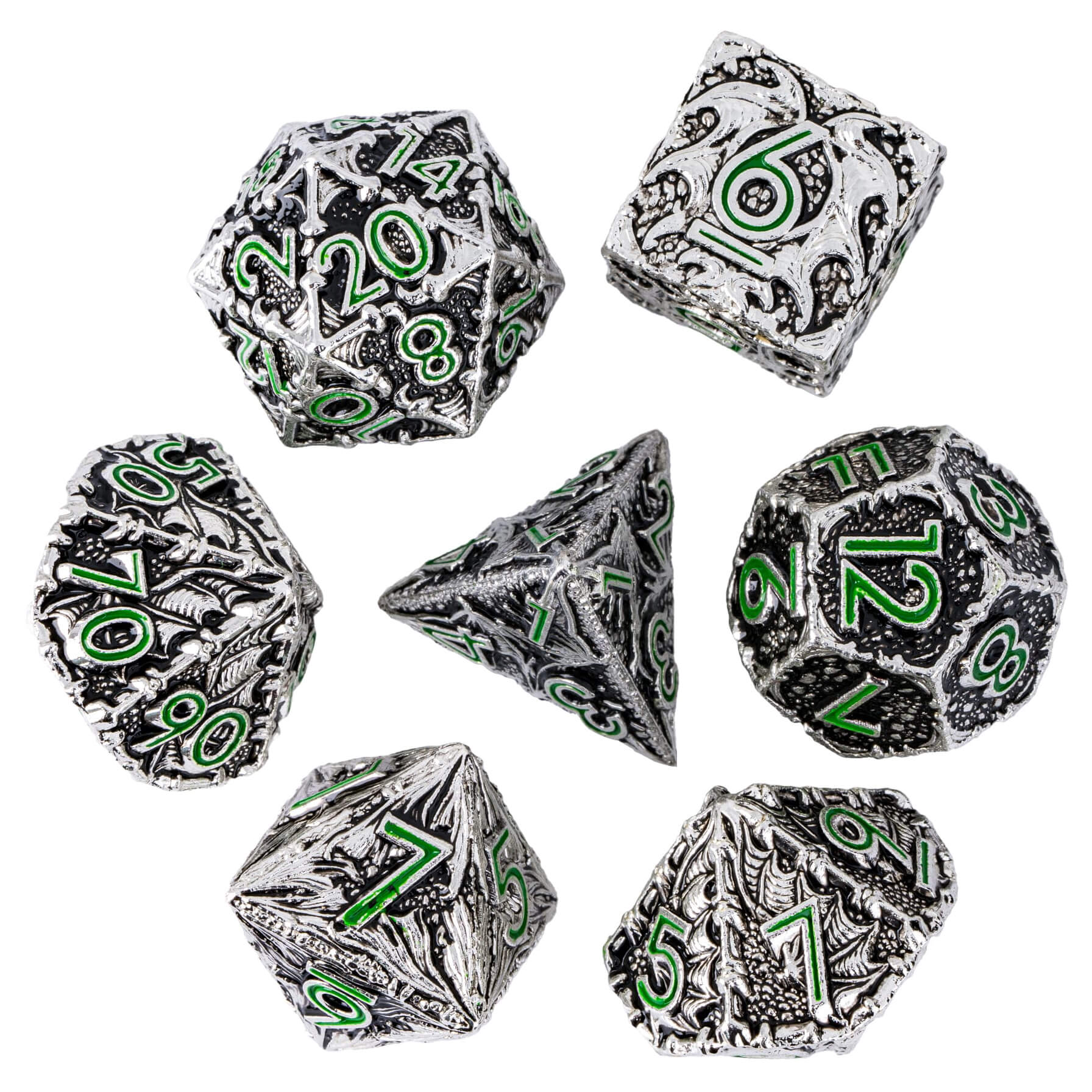 7 Dragon Polyhedral Metal D&D Dice Sets Black Green - Dice of Dragons