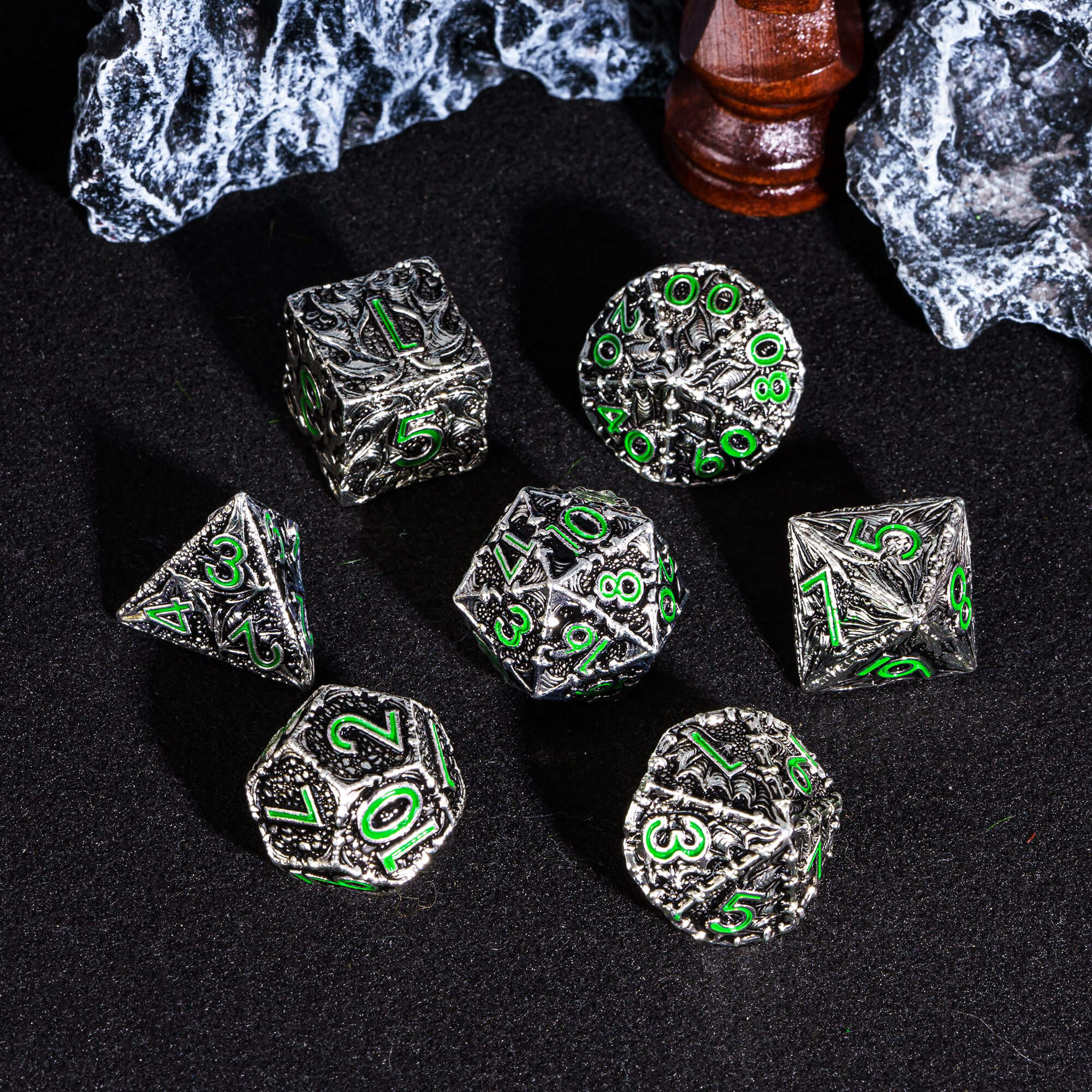 7 Dragon Polyhedral Metal D&D Dice Sets Black Green - Dice of Dragons