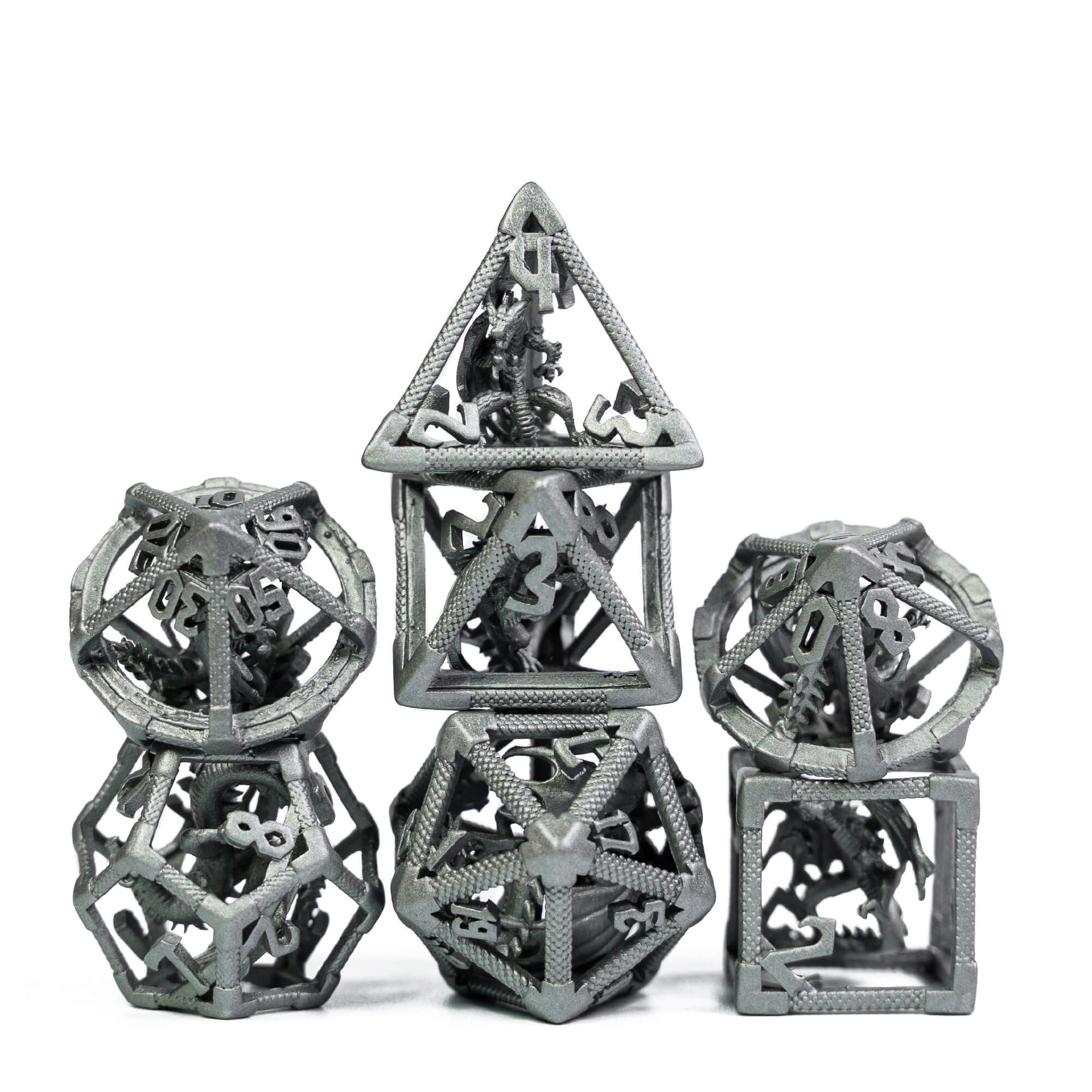 7 Dragon Polyhedral Metal Hollow Dice Set D&D Silver Gray - Dice of Dragons