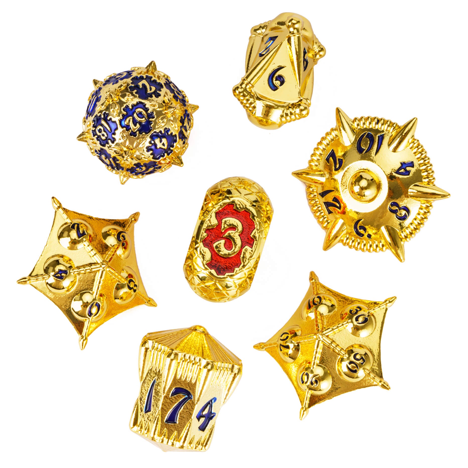 7 Dragon Set Polyhedral Metal Dice Sets DD Gold Blue - Dice of Dragons