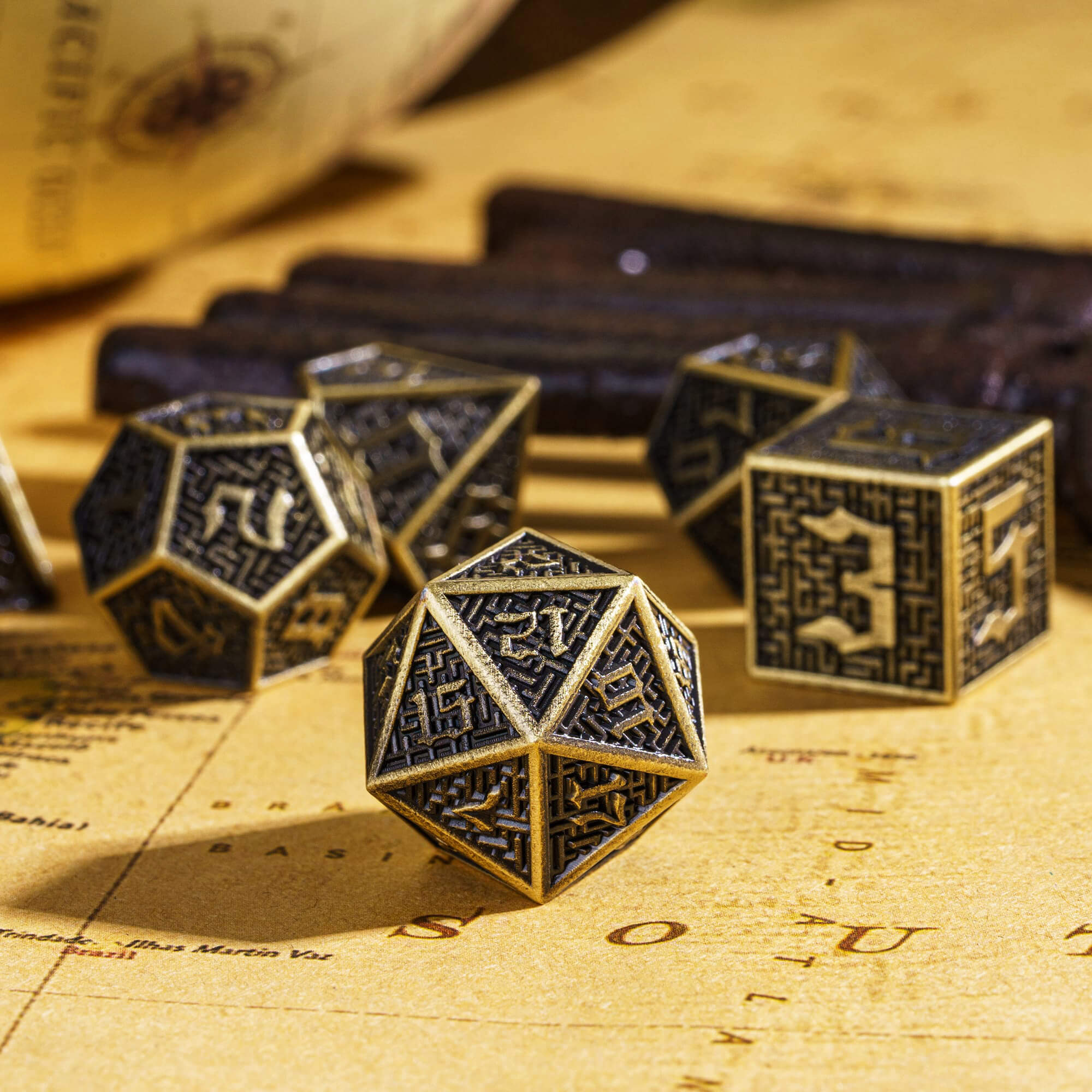 7 Maze Polyhedral Metal Dice Set D&D Bronze - Dice of Dragons