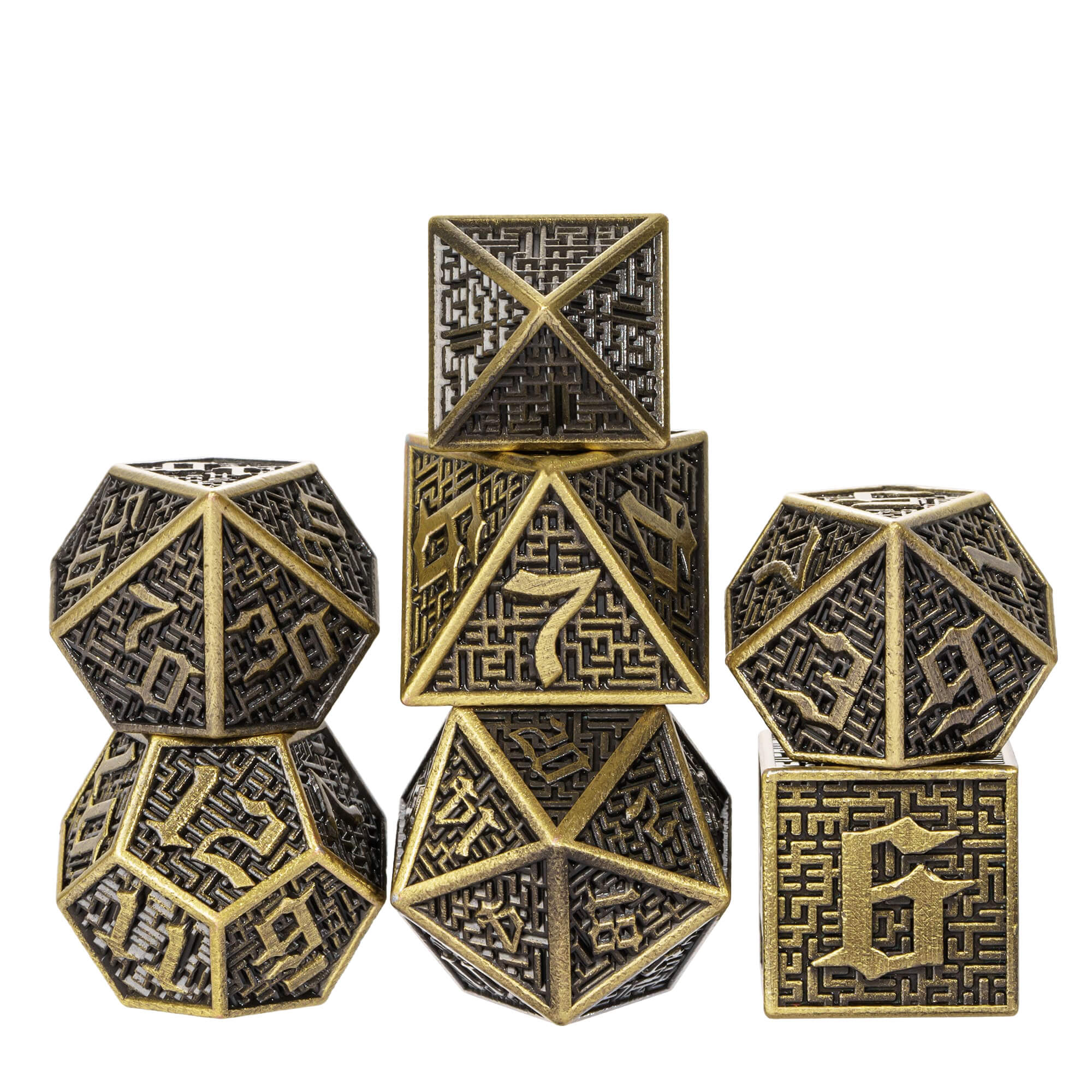 7 Maze Polyhedral Metal Dice Set D&D Bronze - Dice of Dragons