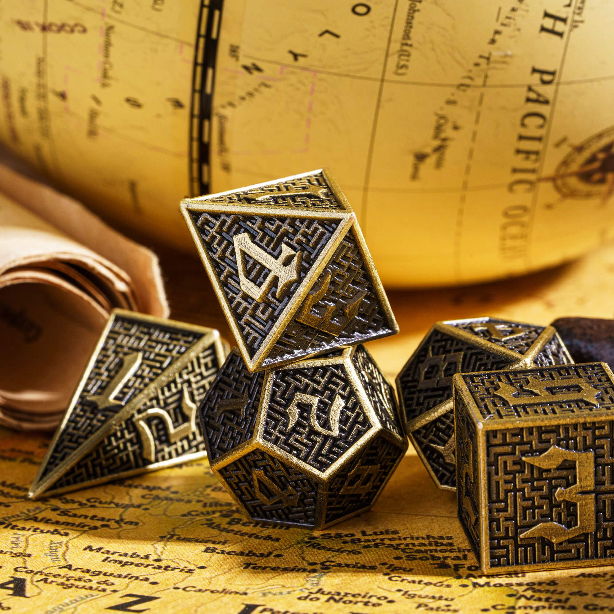 7 Maze Polyhedral Metal Dice Set D&D Bronze - Dice of Dragons