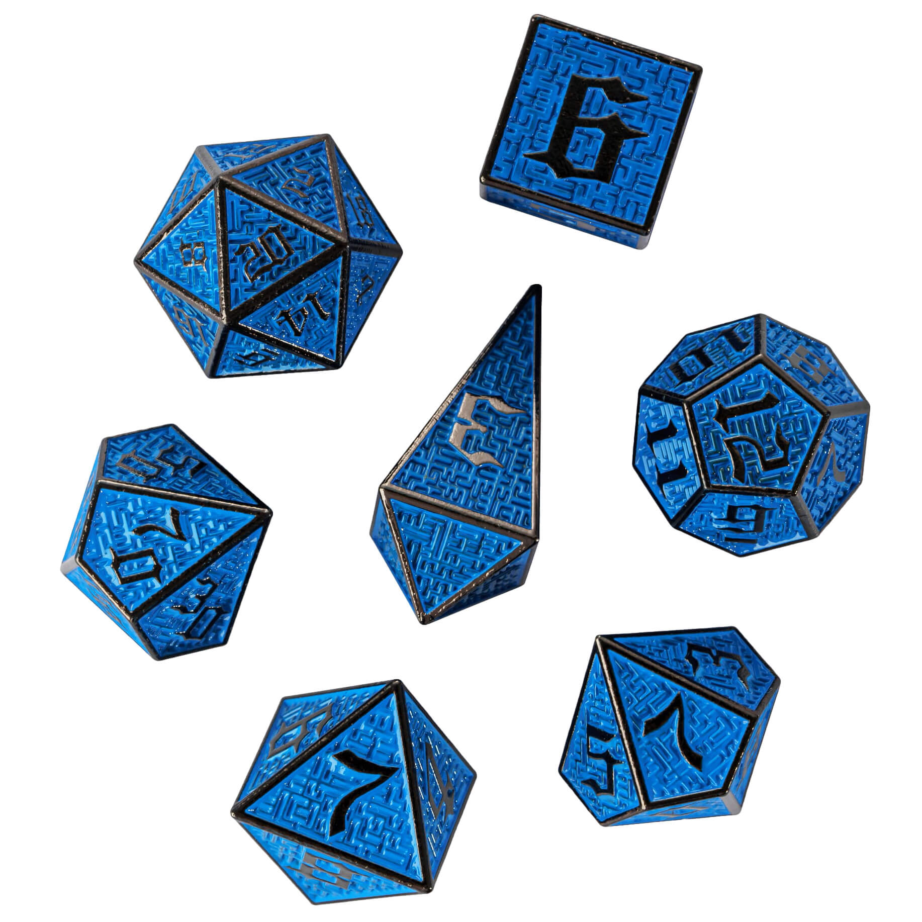 7 Maze Polyhedral Metal Dice Sets DD Black Blue - Dice of Dragons