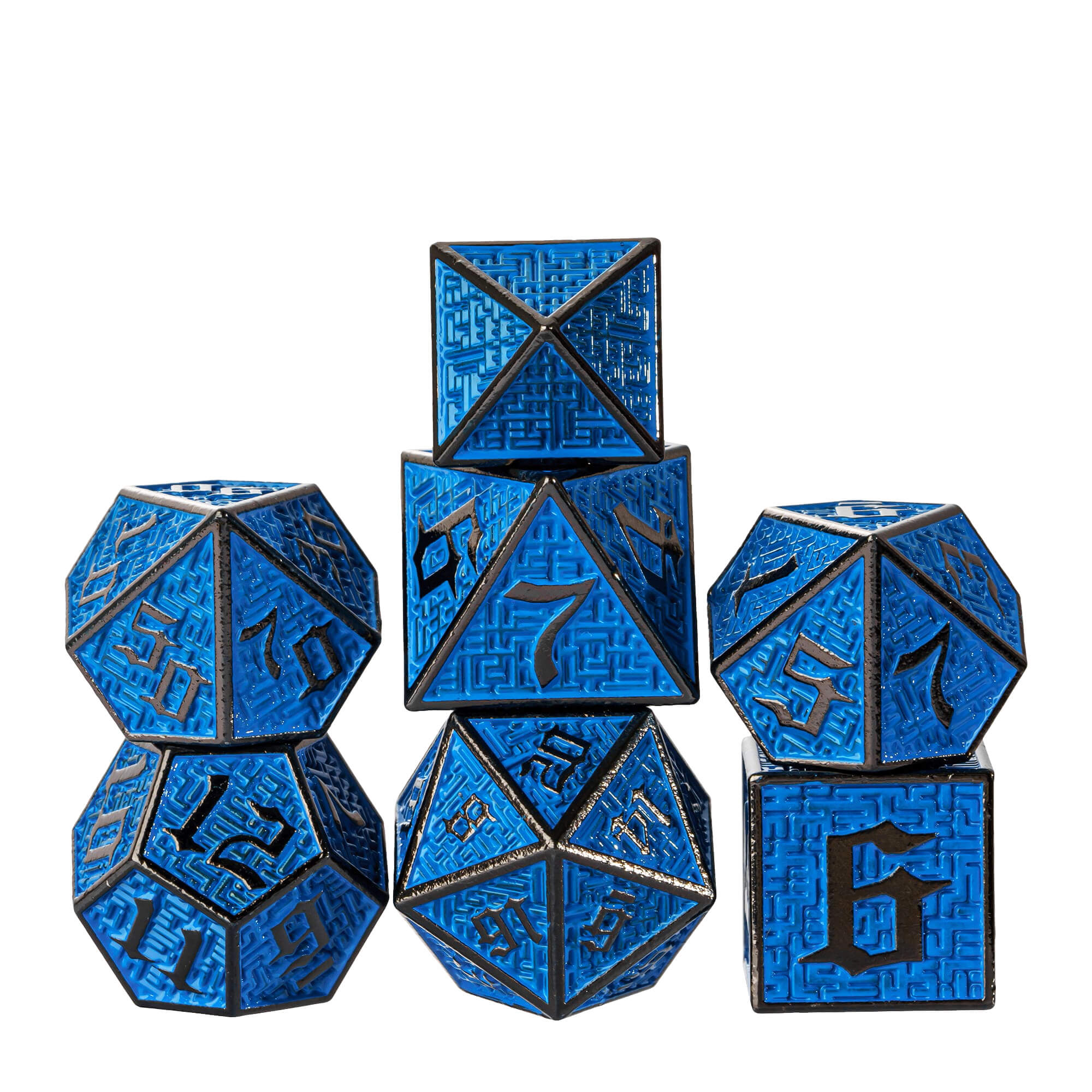 7 Maze Polyhedral Metal Dice Sets DD Black Blue - Dice of Dragons