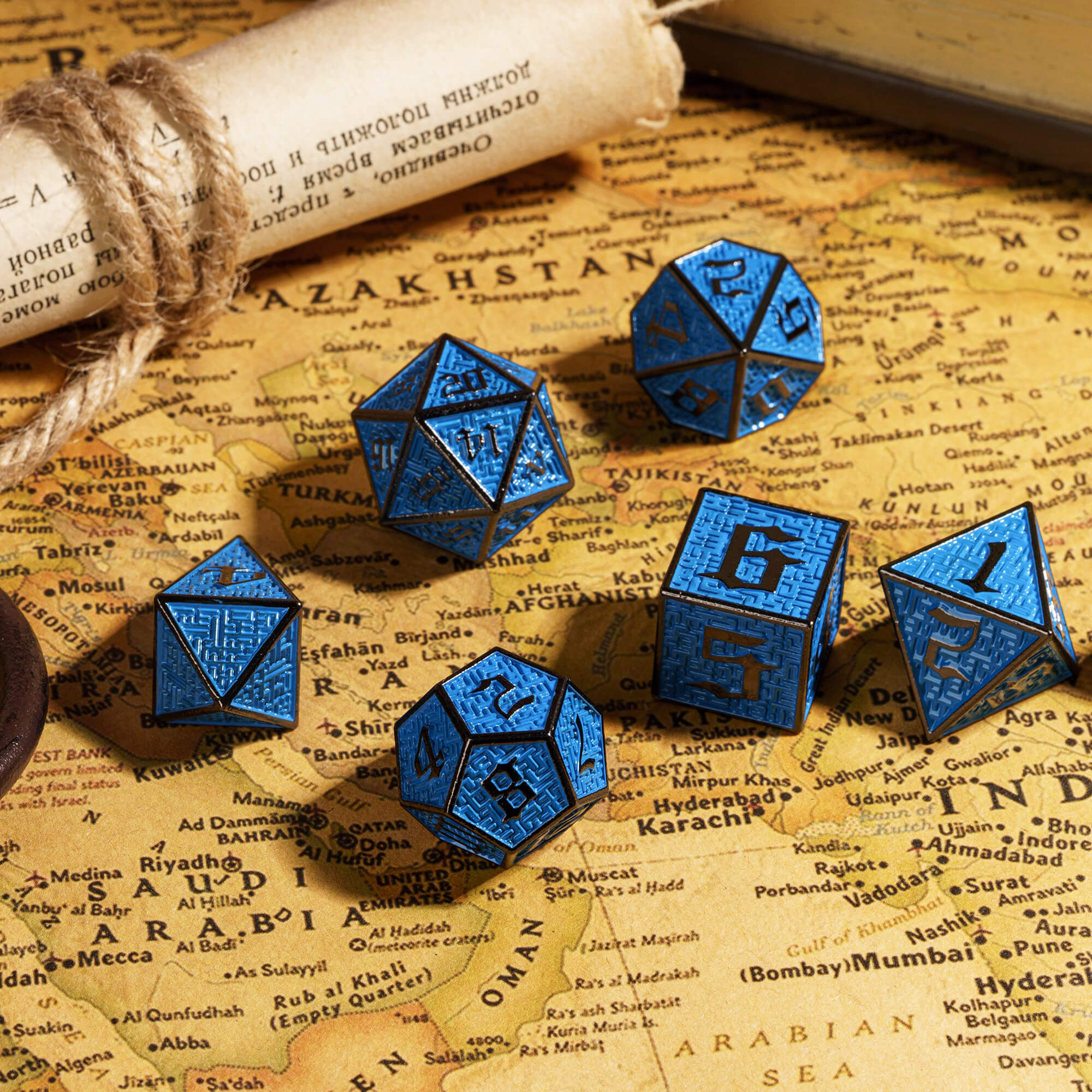 7 Maze Polyhedral Metal Dice Sets DD Black Blue - Dice of Dragons