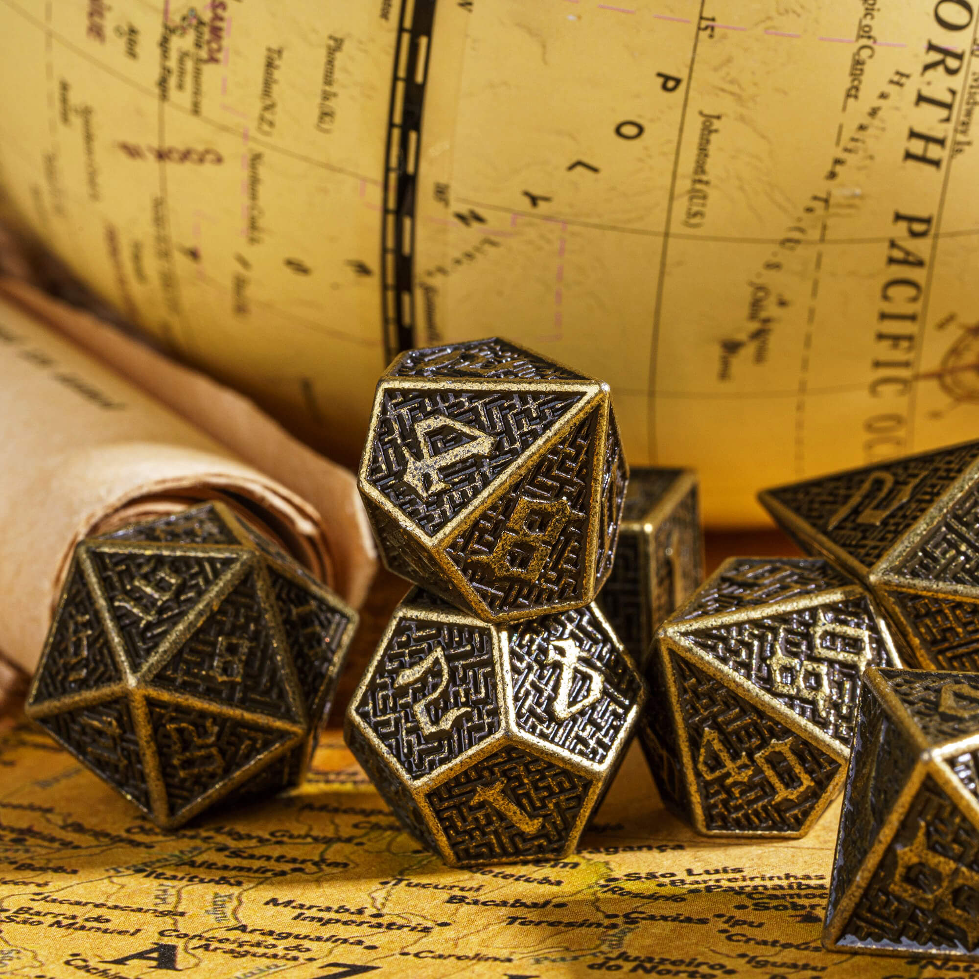 7 Maze Polyhedral Metal DnD Dice Set Bronze - Dice of Dragons