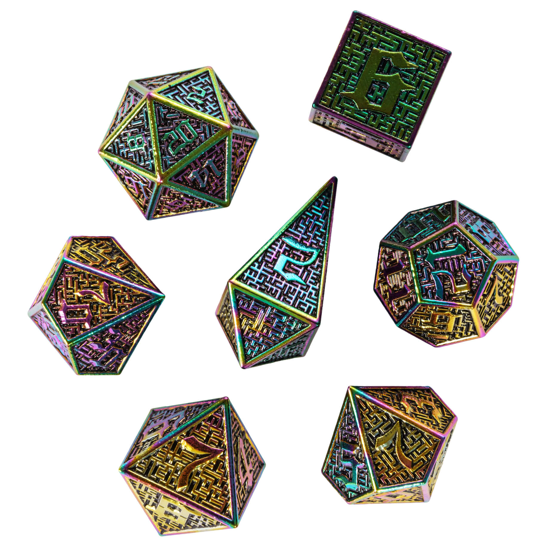 7 Maze Polyhedral Metal D&D Dice Sets Colorful - Dice of Dragons