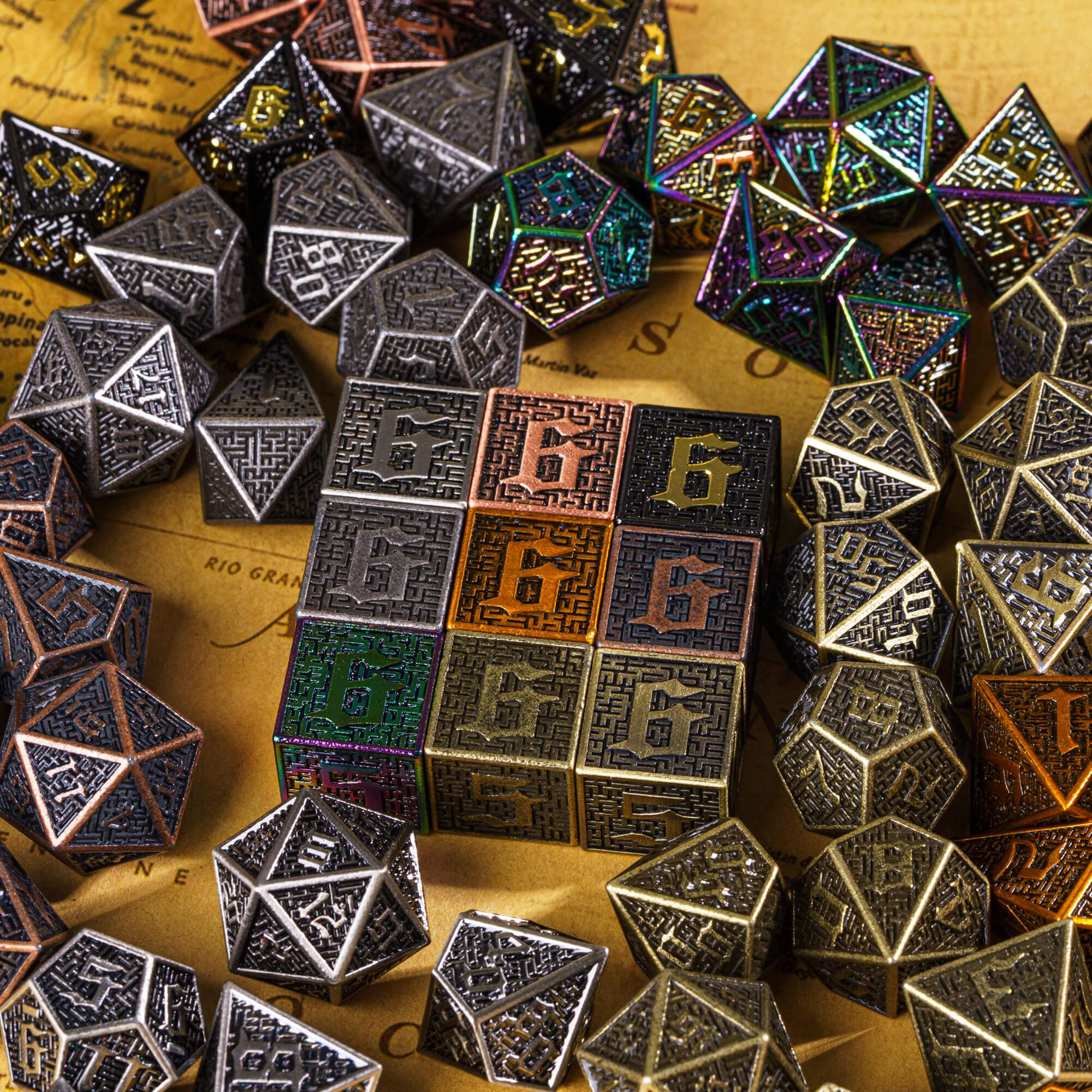 7 Maze Polyhedral Metal D&D Dice Sets Colorful - Dice of Dragons