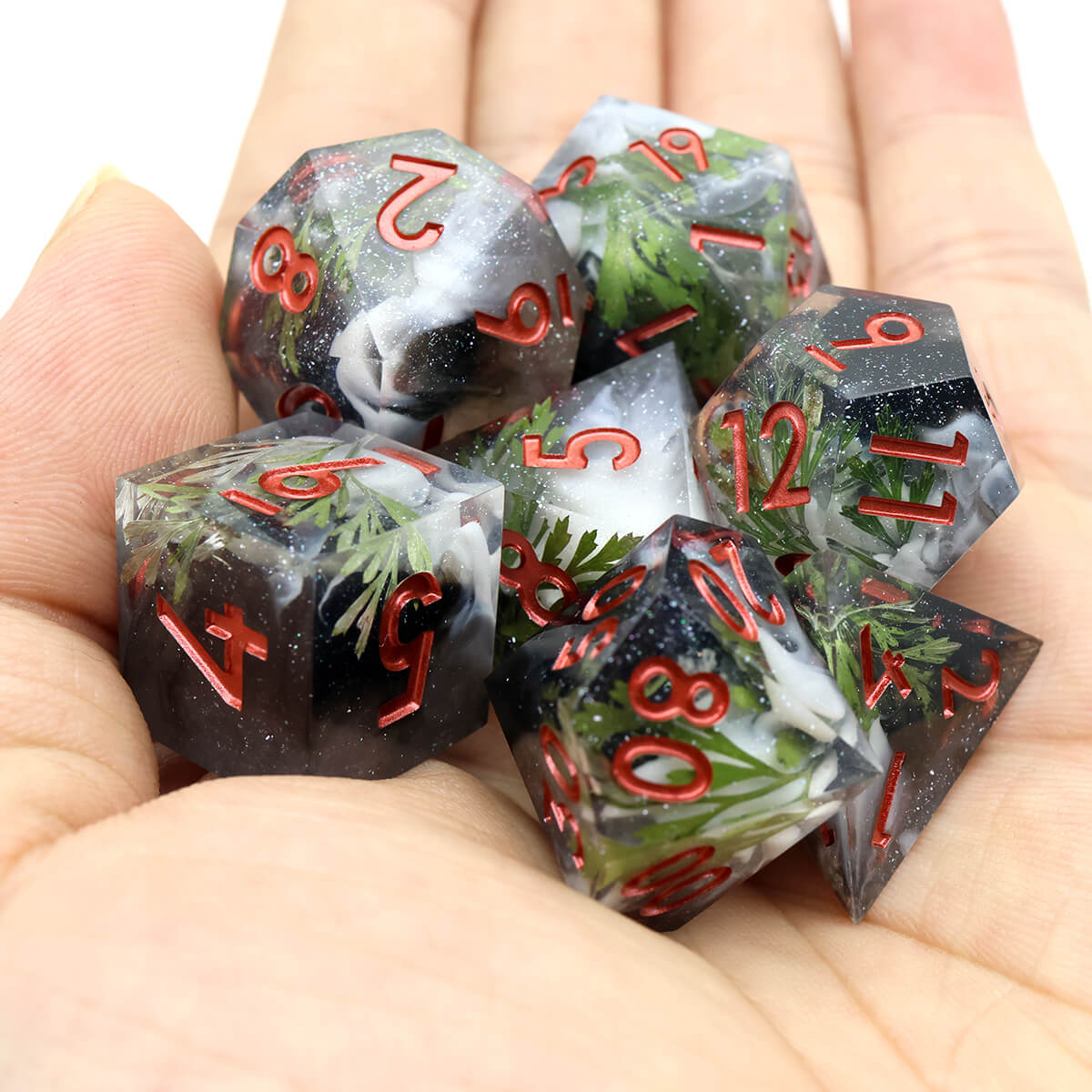 7-Piece Enchanted Forest Sharp Edge DND Dice Set - Dice of Dragons