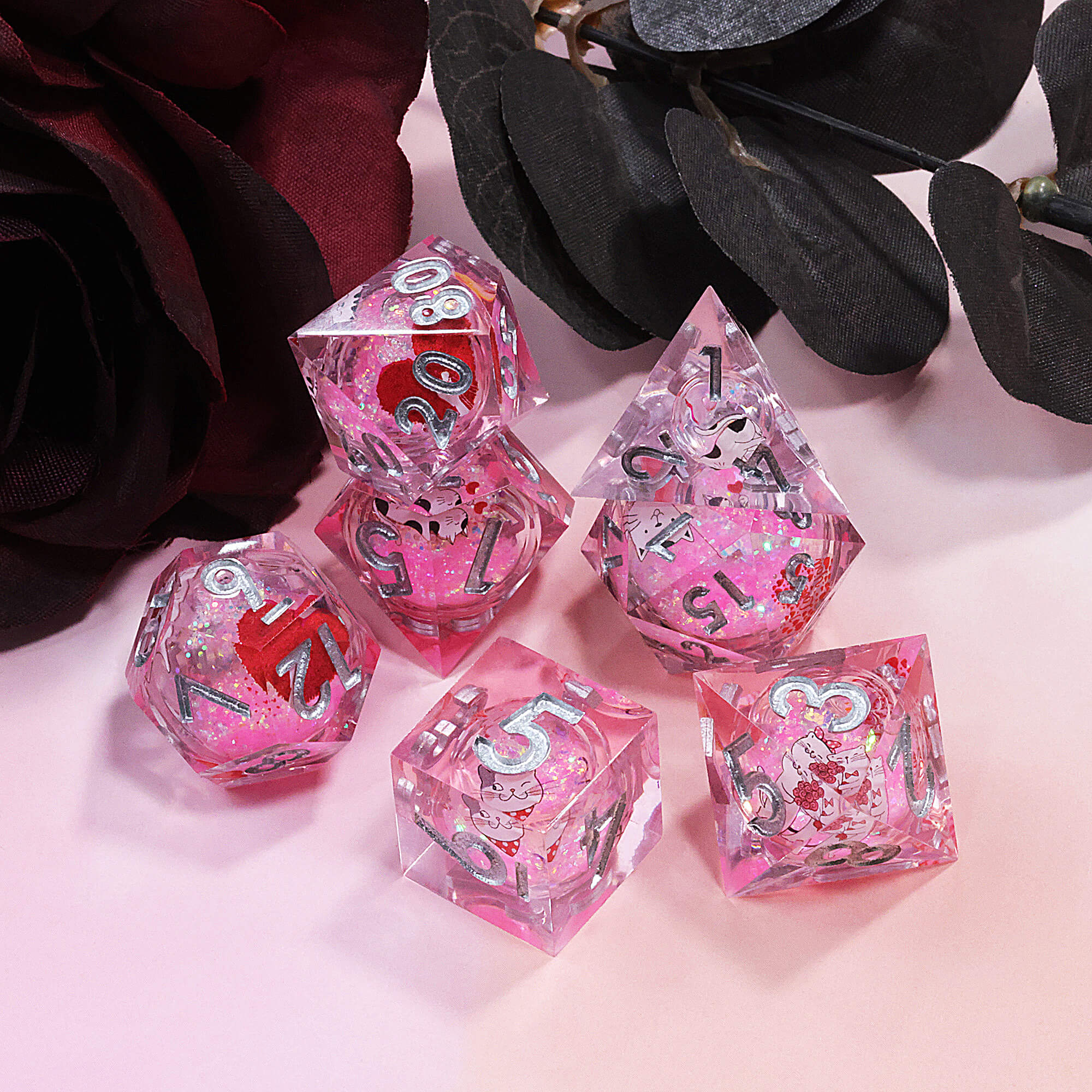 7 Piece Liquid Core Polyhedral D and D Dice Sets Cute Cat