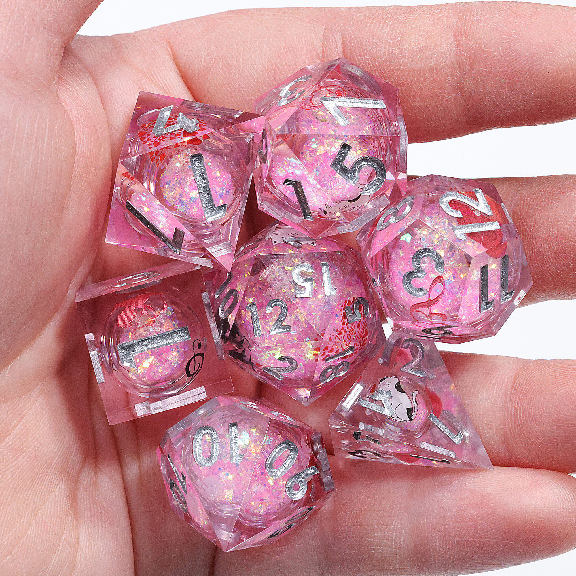 7 Piece Liquid Core Polyhedral D and D Dice Sets Cute Cat