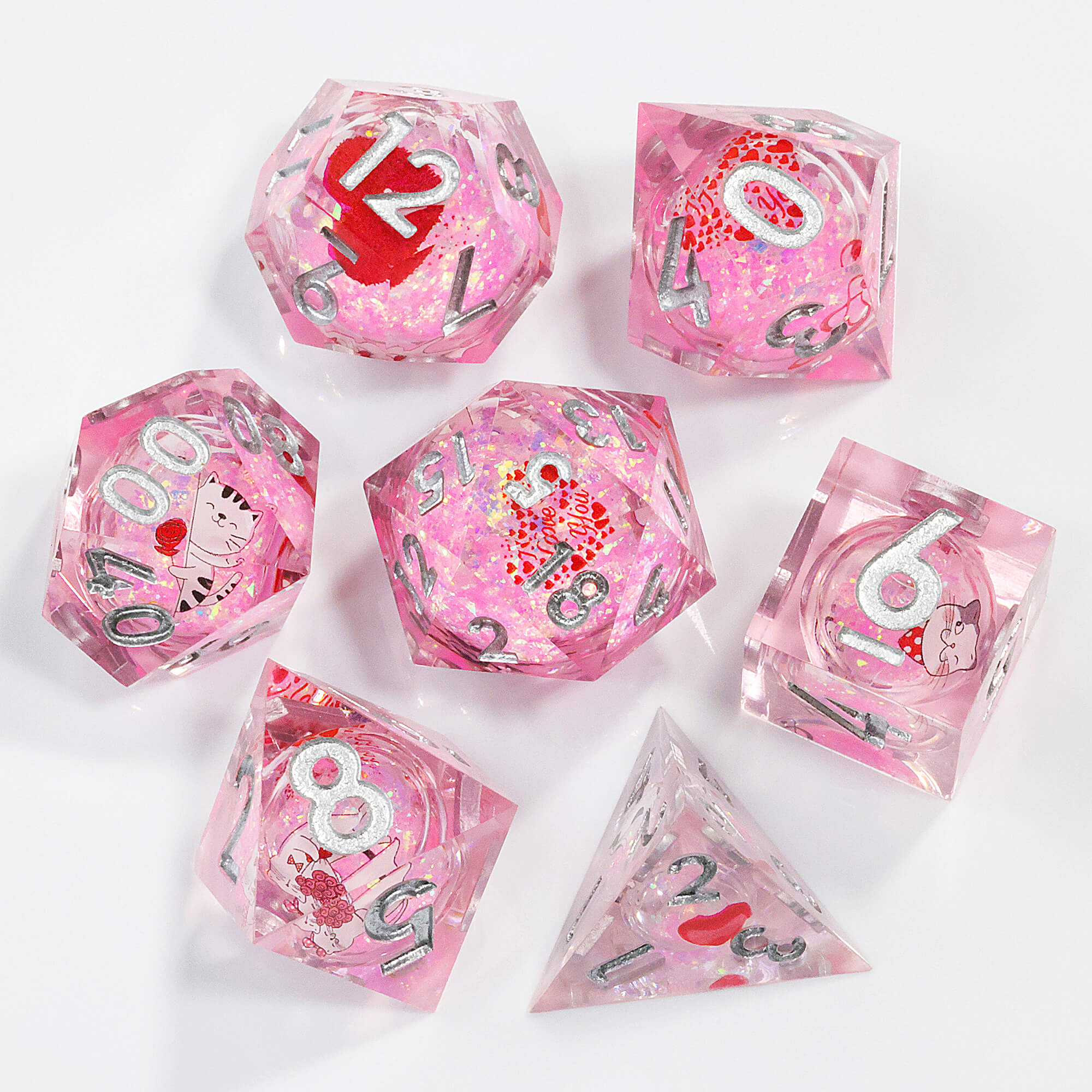 7 Piece Liquid Core Polyhedral D and D Dice Sets Cute Cat