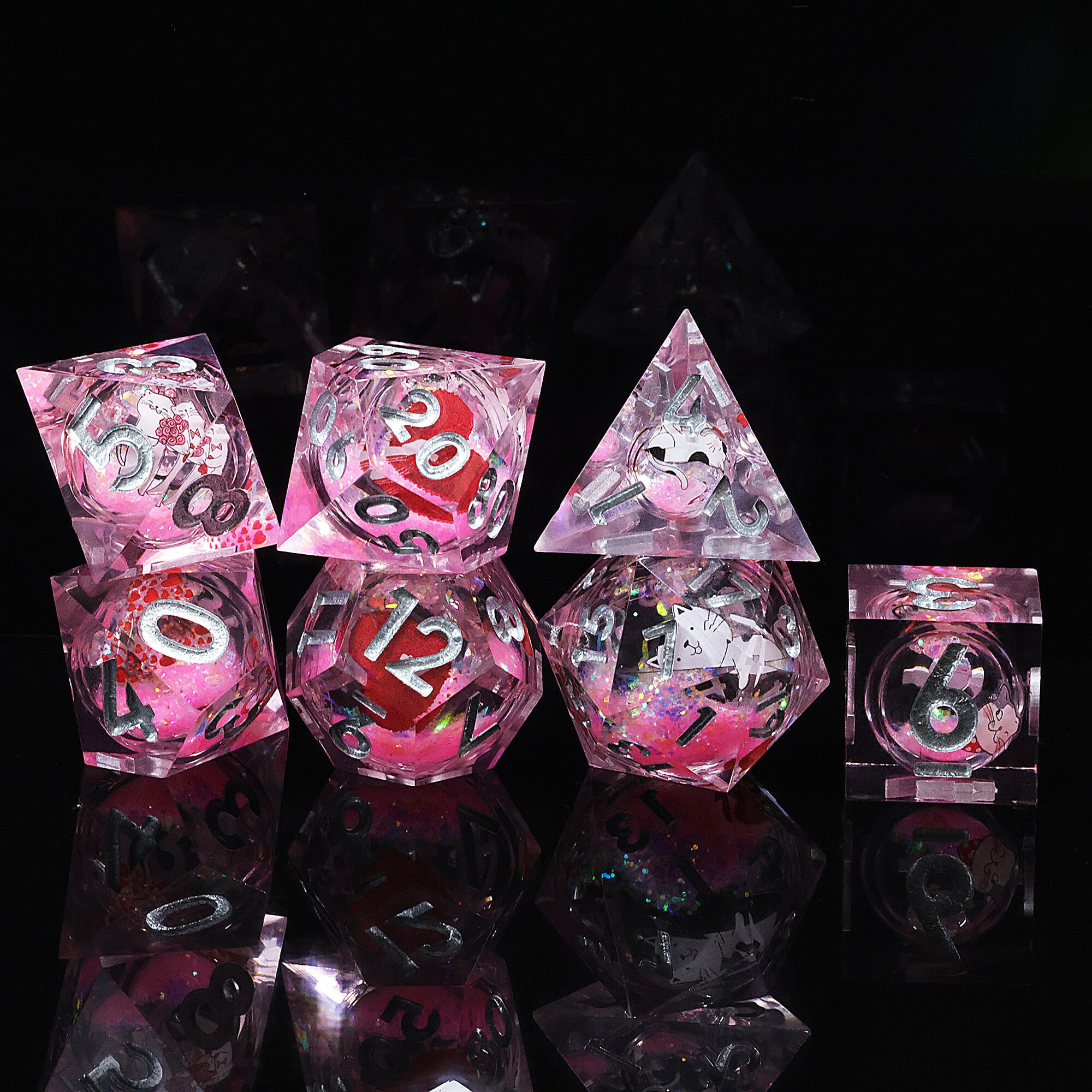 7 Piece Liquid Core Polyhedral D and D Dice Sets Cute Cat