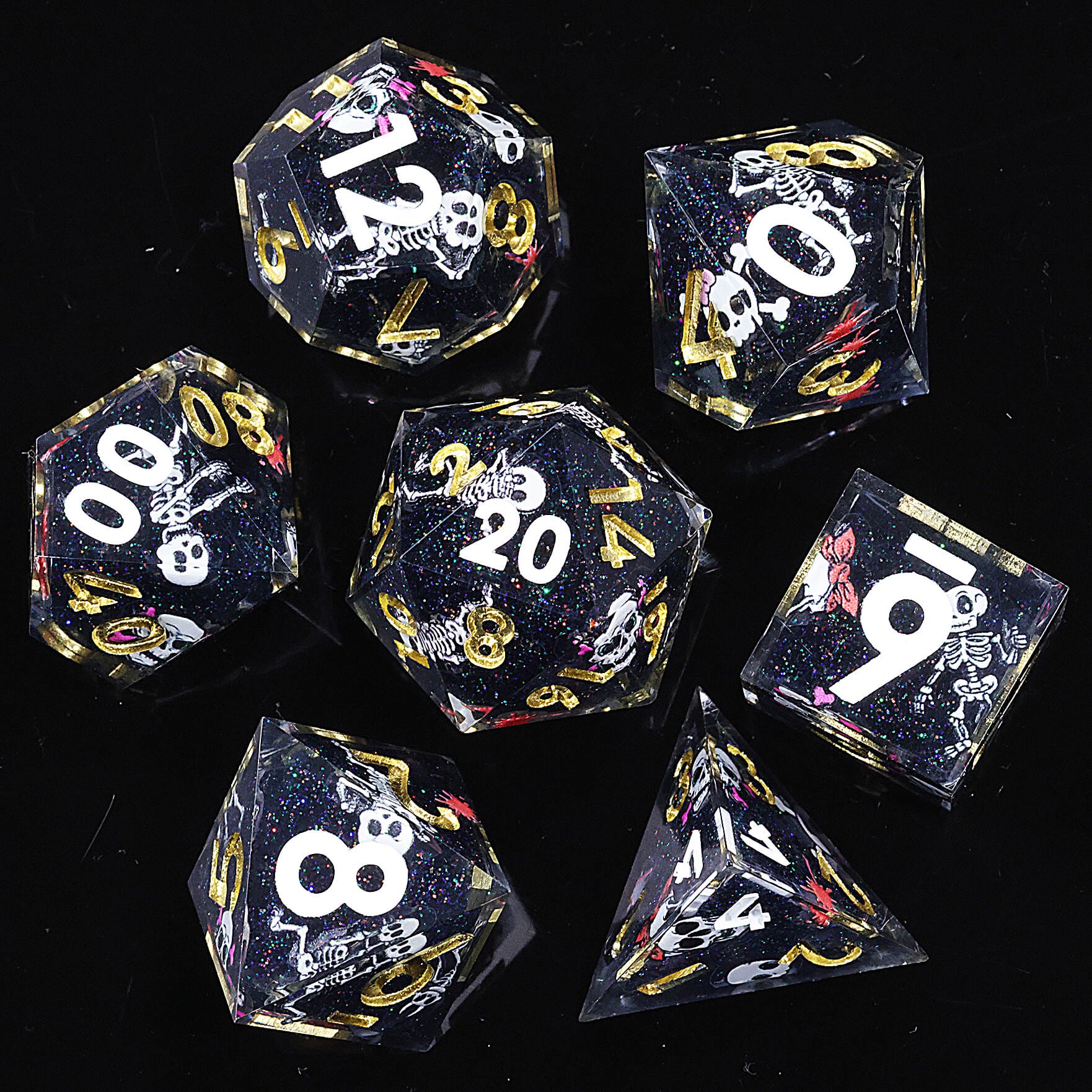 7 Piece Polyhedral DD Dice Set Cute Skull Black