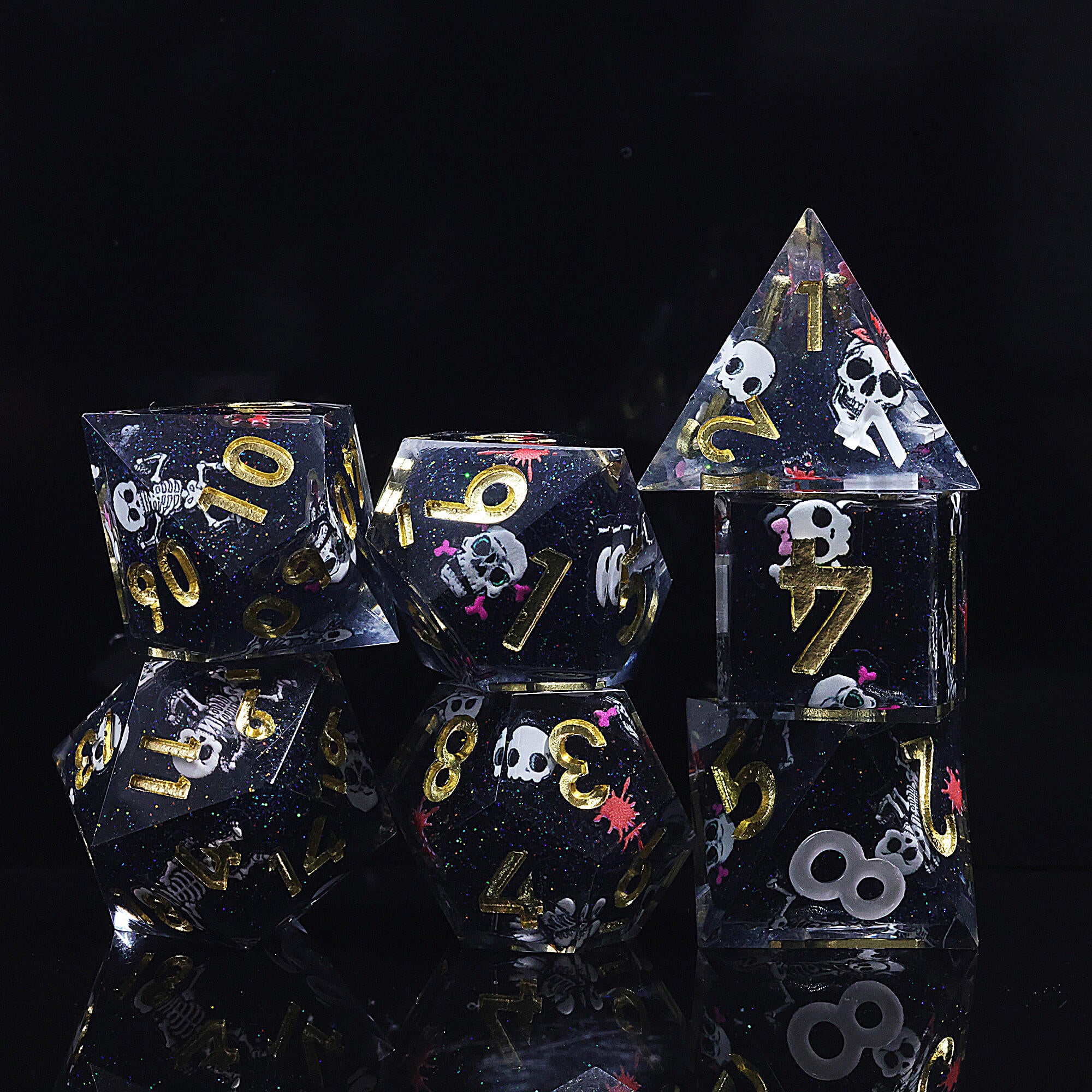 7 Piece Polyhedral DD Dice Set Cute Skull Black