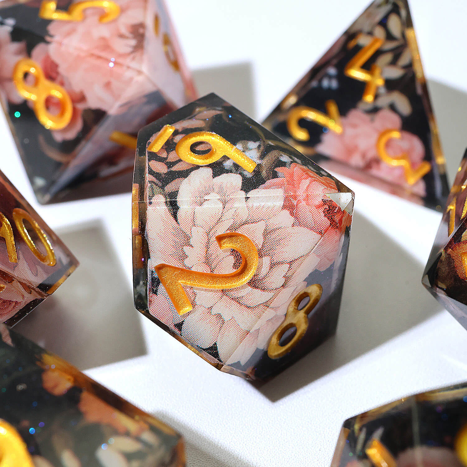 7 Piece Polyhedral Dice Set DD Pink Flower - Dice of Dragons