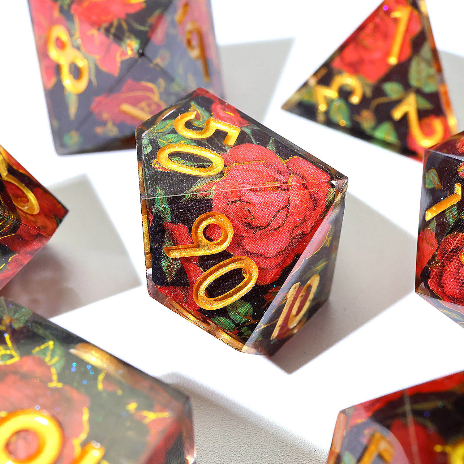 7 Piece Polyhedral Dice Sets D&D Red Flower Black - Dice of Dragons