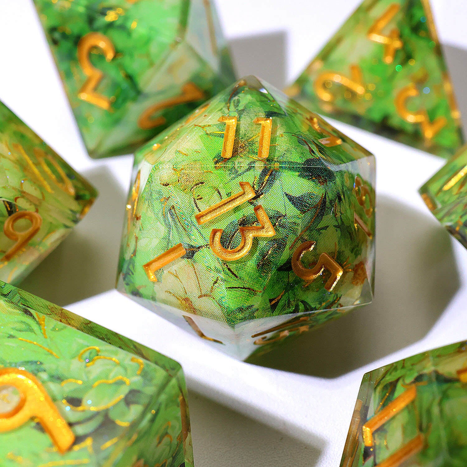 7 Piece Polyhedral Dice Sets DnD Green Flower - Dice of Dragons