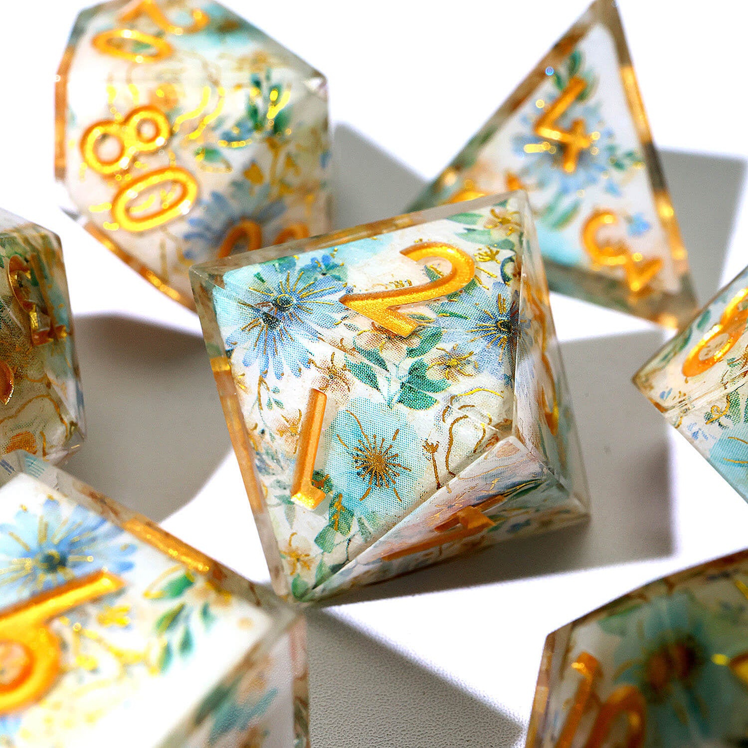 7 Piece Polyhedral Dice Set D&D Blue Flower - Dice of Dragons