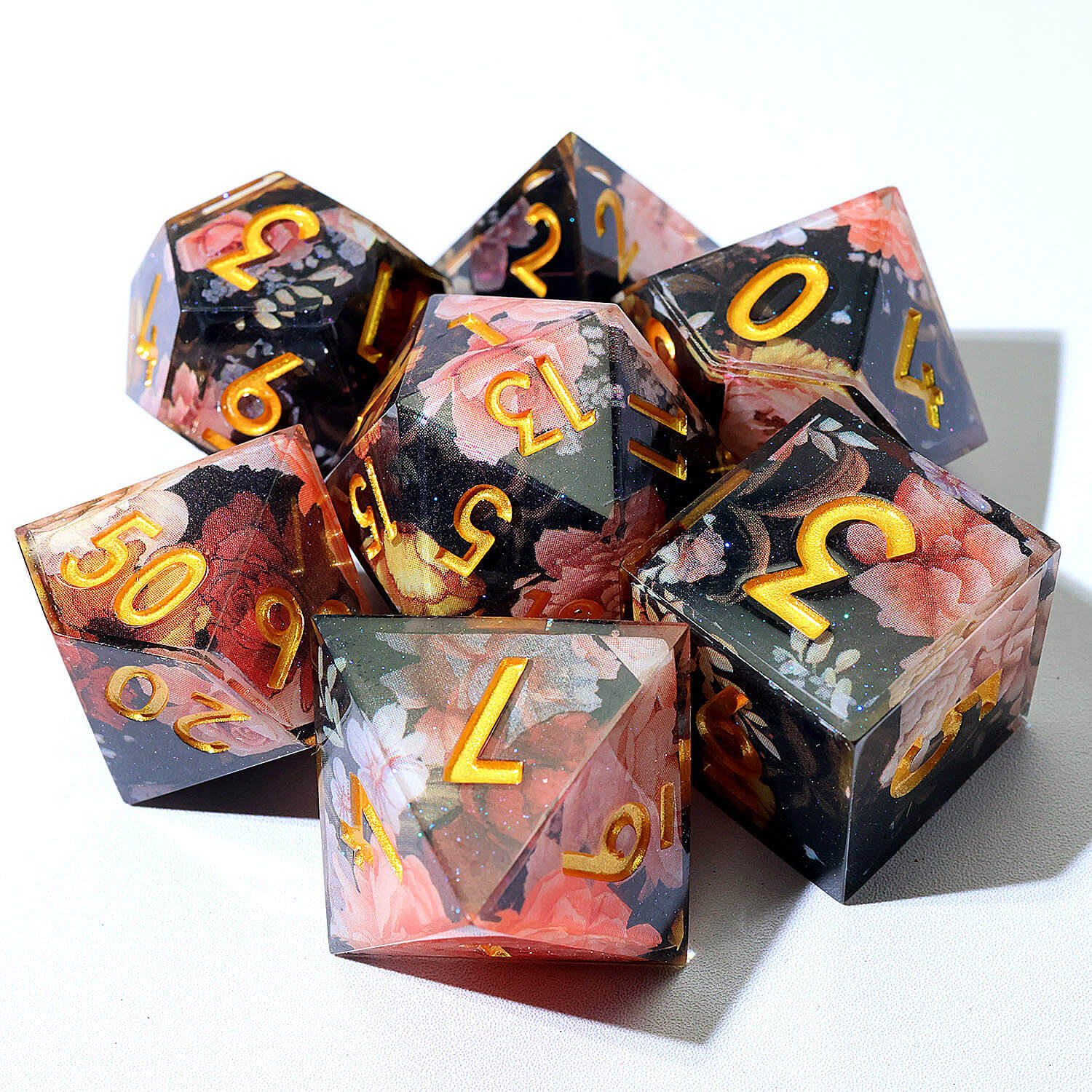 7 Piece Polyhedral Dice Set DD Pink Flower - Dice of Dragons