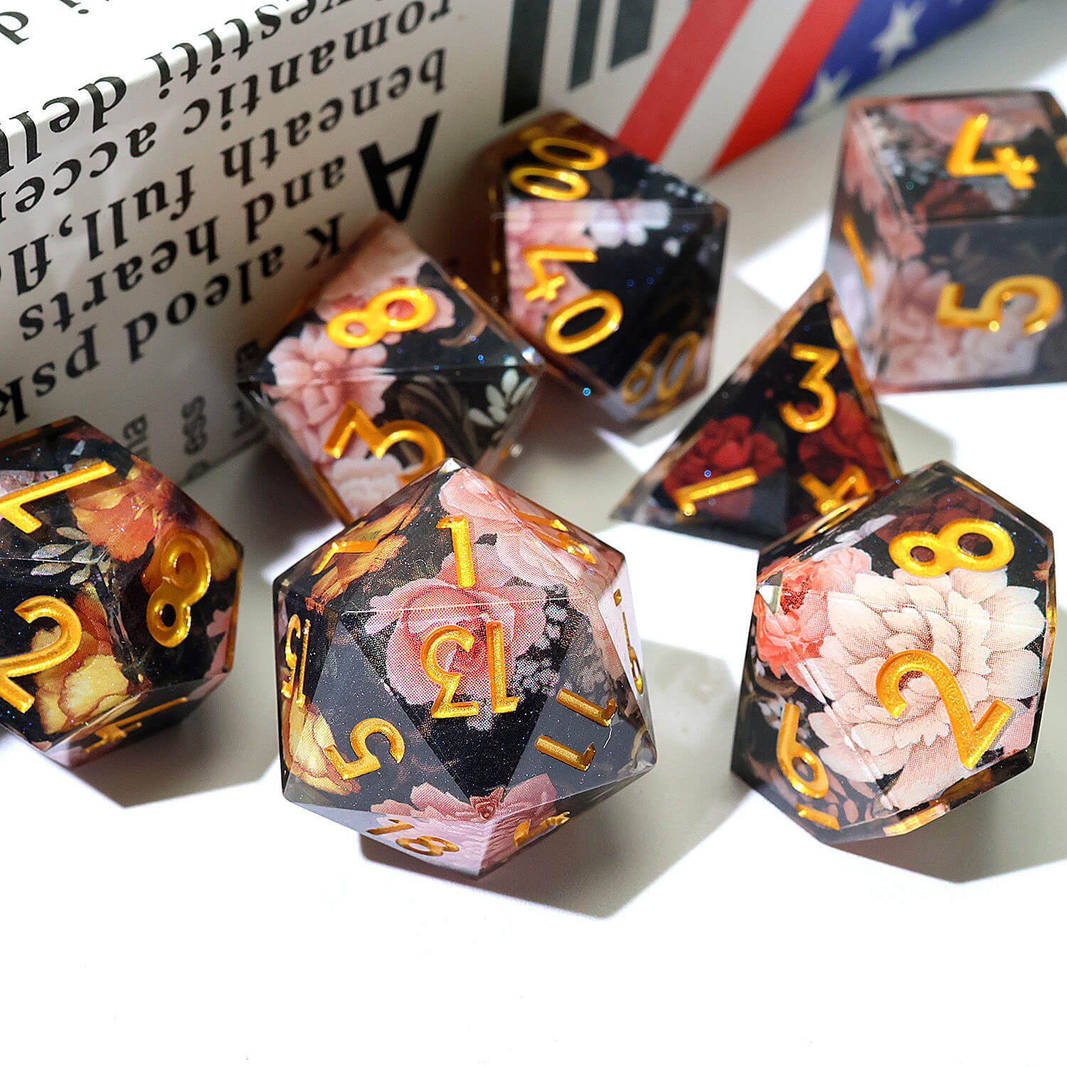 7 Piece Polyhedral Dice Set DD Pink Flower - Dice of Dragons