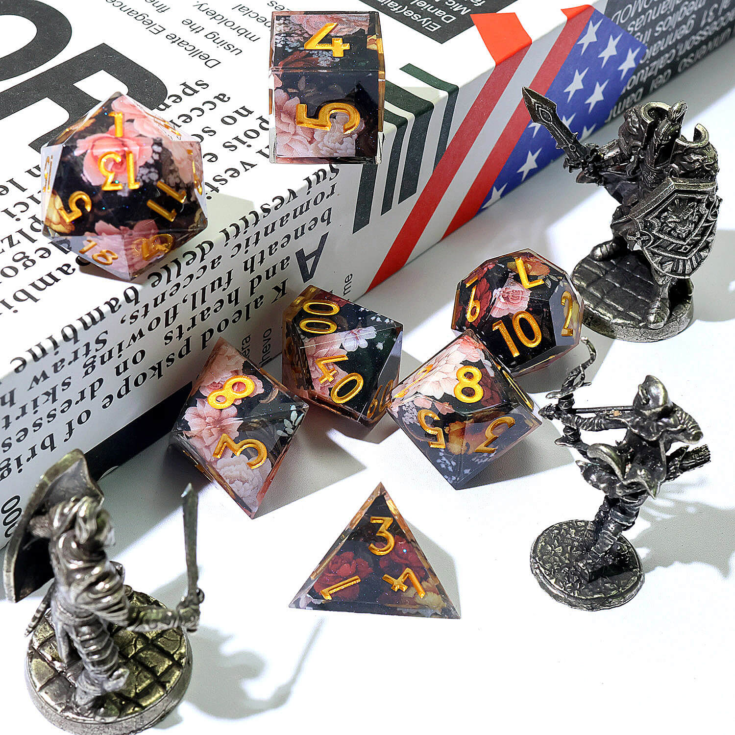 7 Piece Polyhedral Dice Set DD Pink Flower - Dice of Dragons