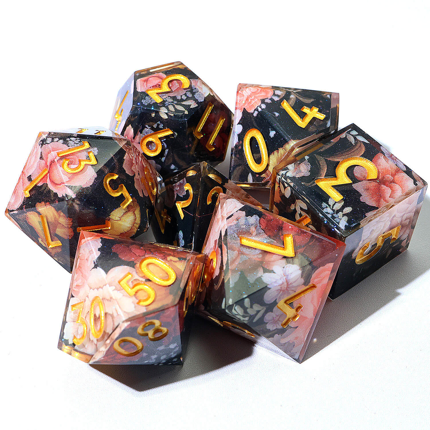 7 Piece Polyhedral Dice Set DD Pink Flower - Dice of Dragons