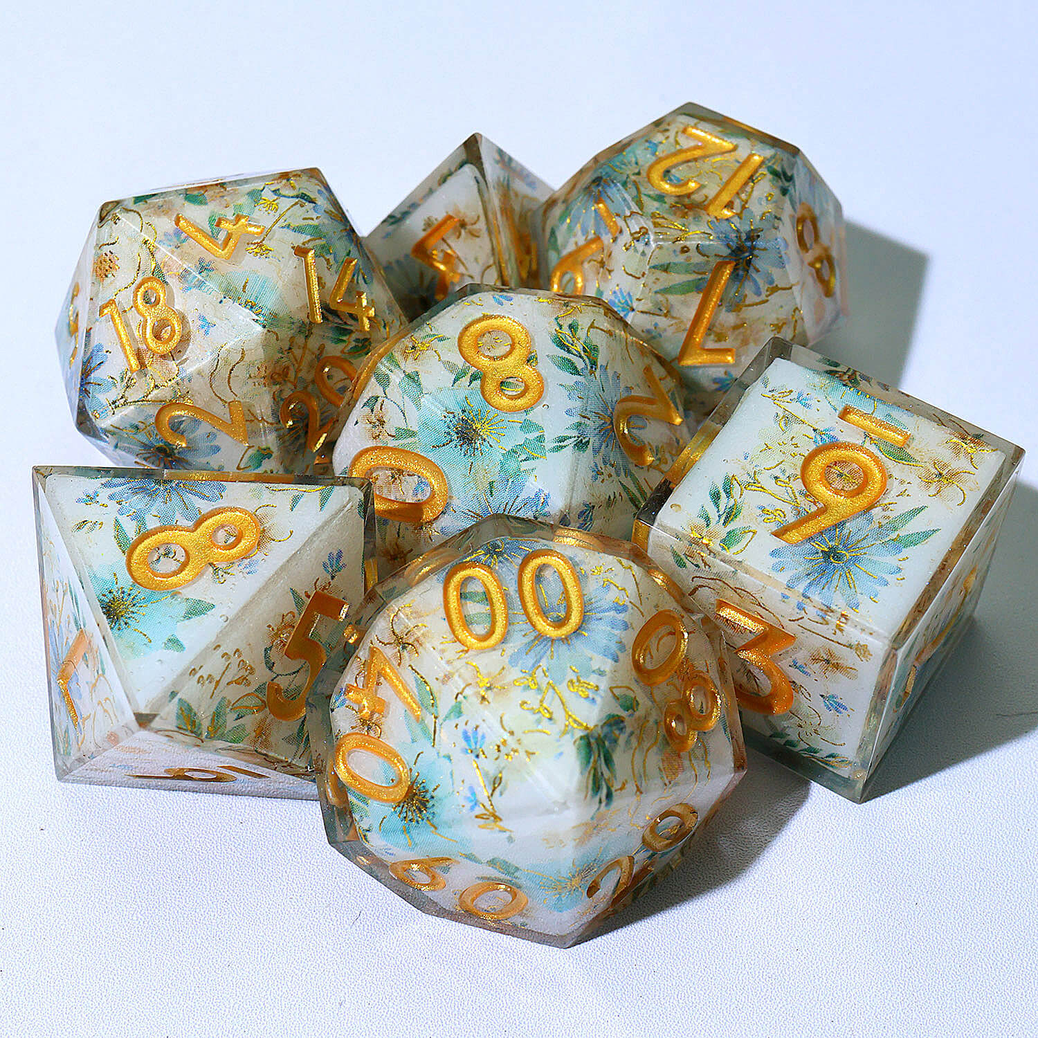 7 Piece Polyhedral Dice Set D&D Blue Flower - Dice of Dragons