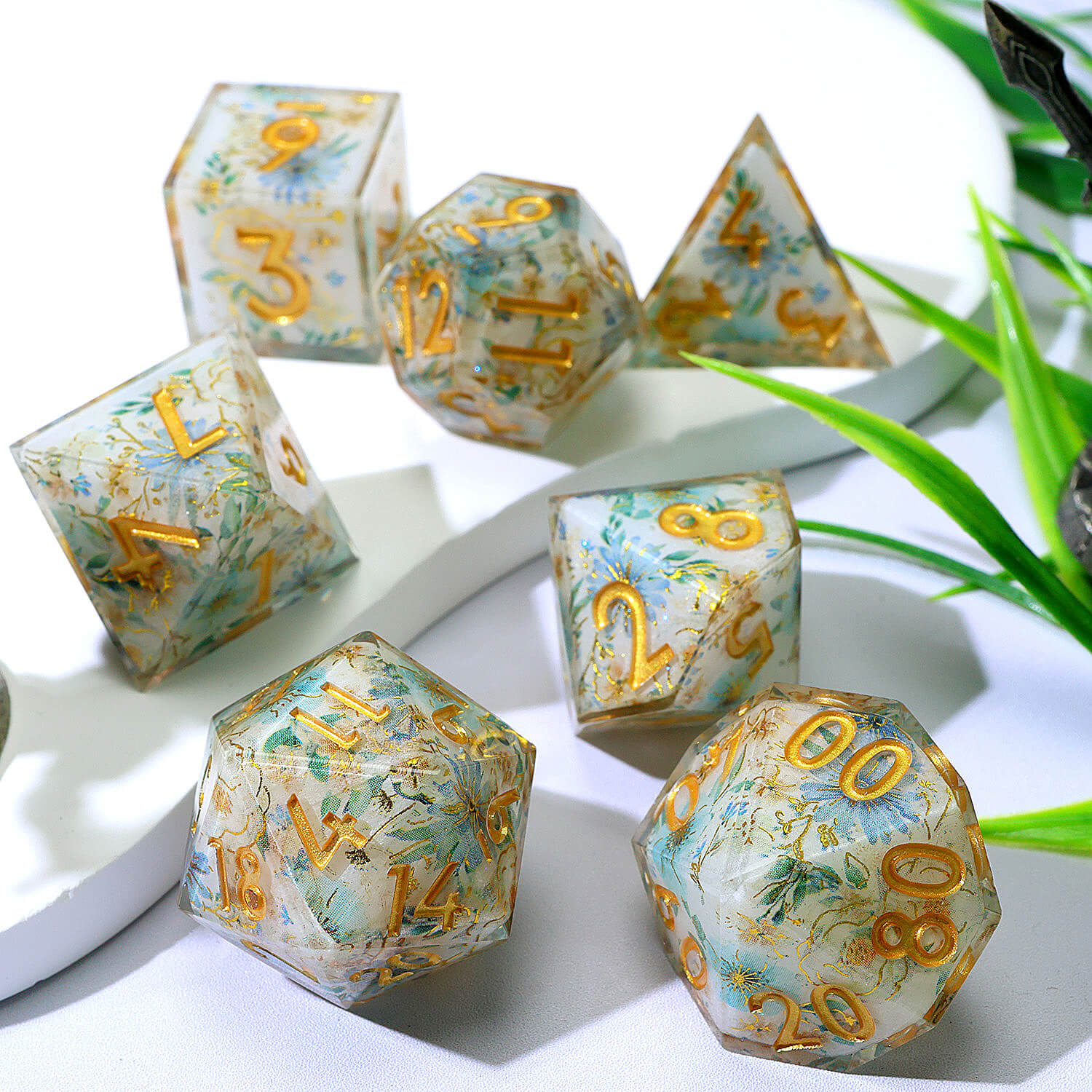 7 Piece Polyhedral Dice Set D&D Blue Flower - Dice of Dragons