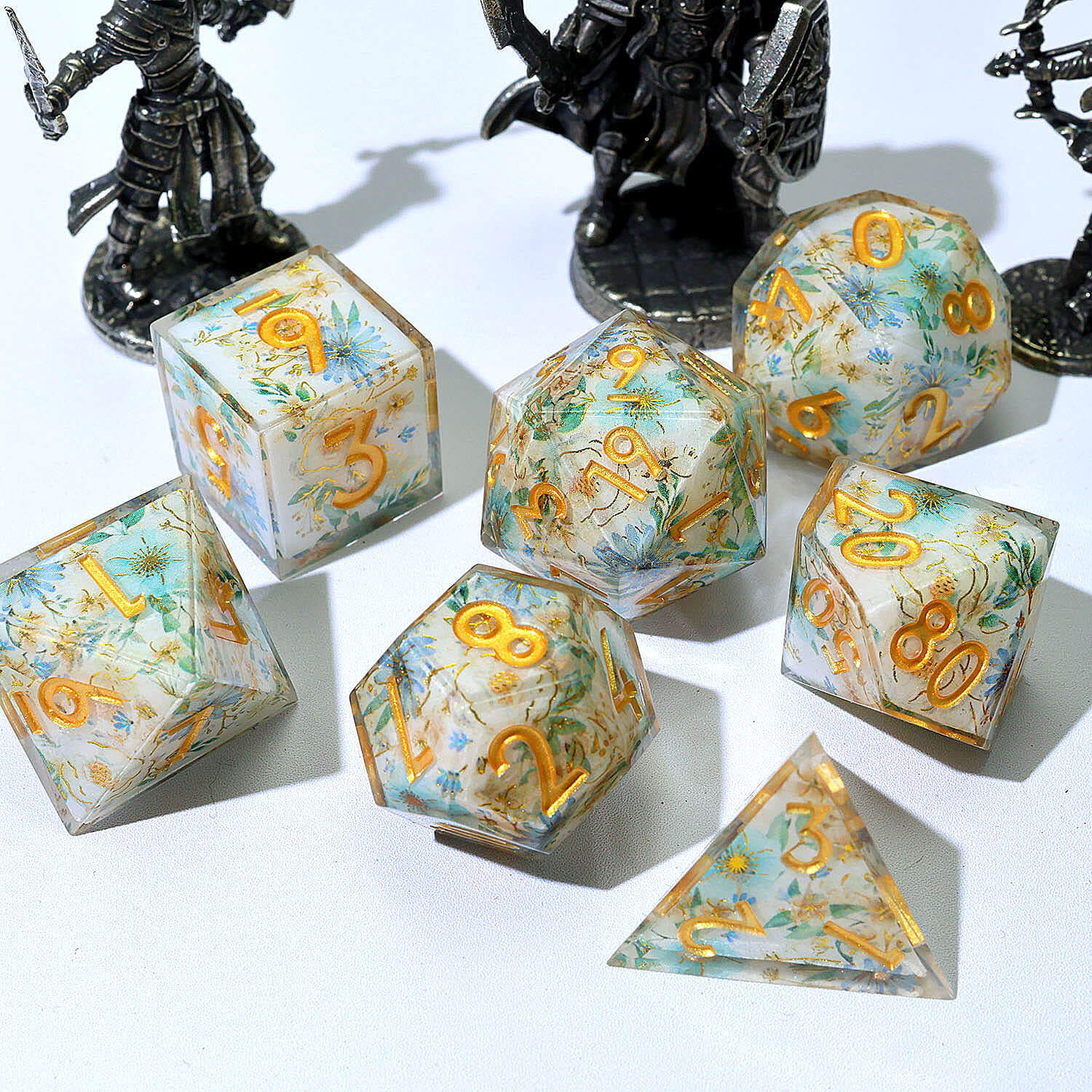 7 Piece Polyhedral Dice Set D&D Blue Flower - Dice of Dragons