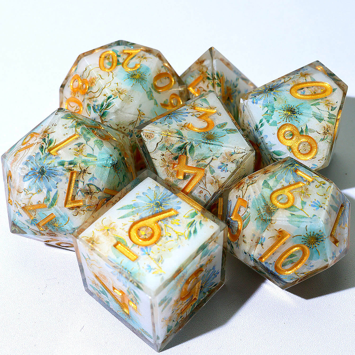 7 Piece Polyhedral Dice Set D&D Blue Flower - Dice of Dragons