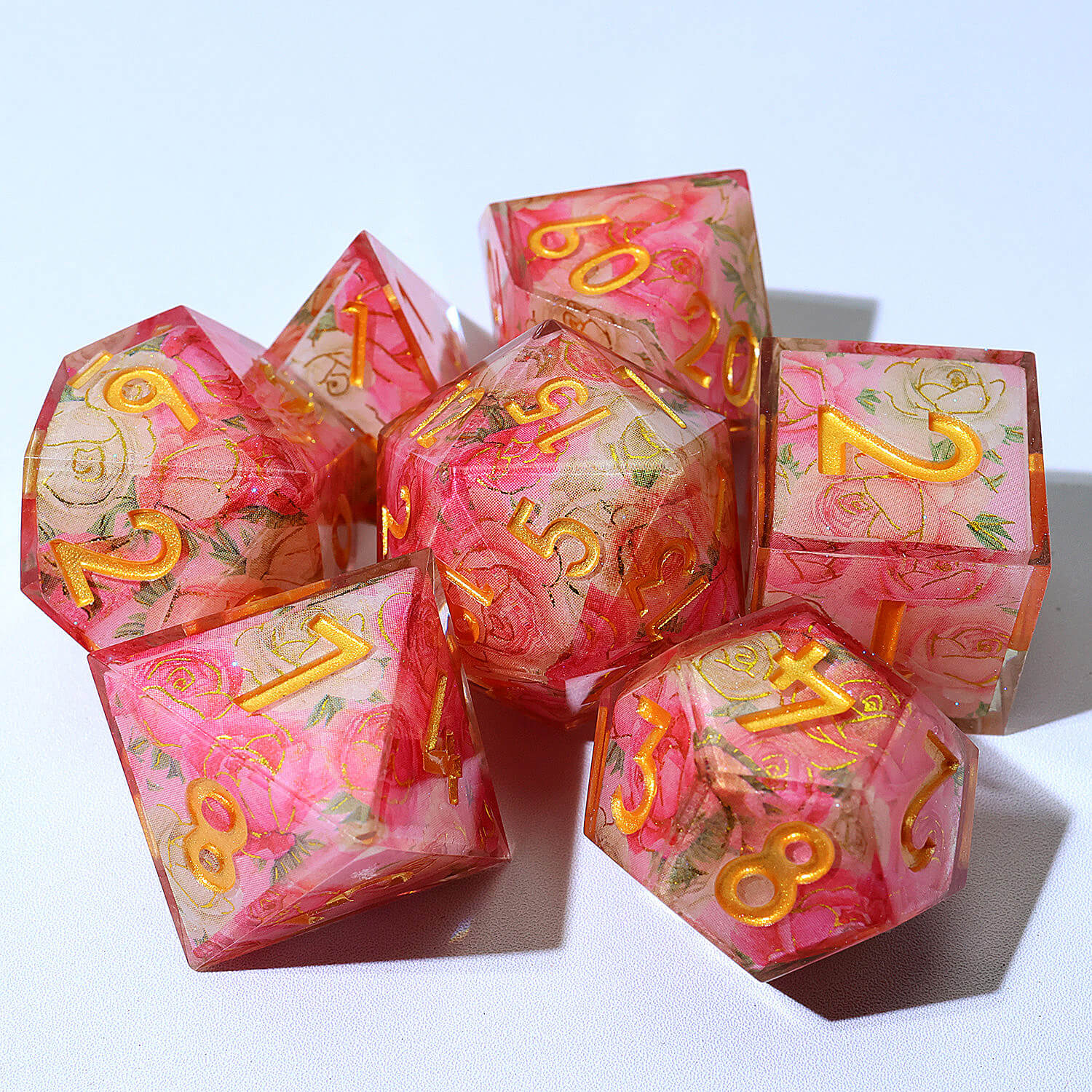 7 Piece Polyhedral Dice Set DnD Red Flower - Dice of Dragons