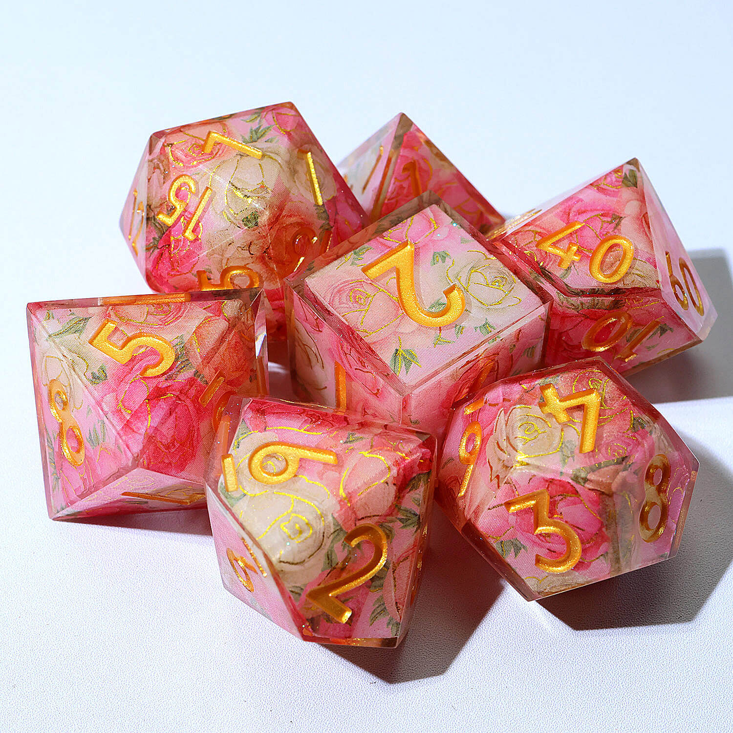 7 Piece Polyhedral Dice Set DnD Red Flower - Dice of Dragons