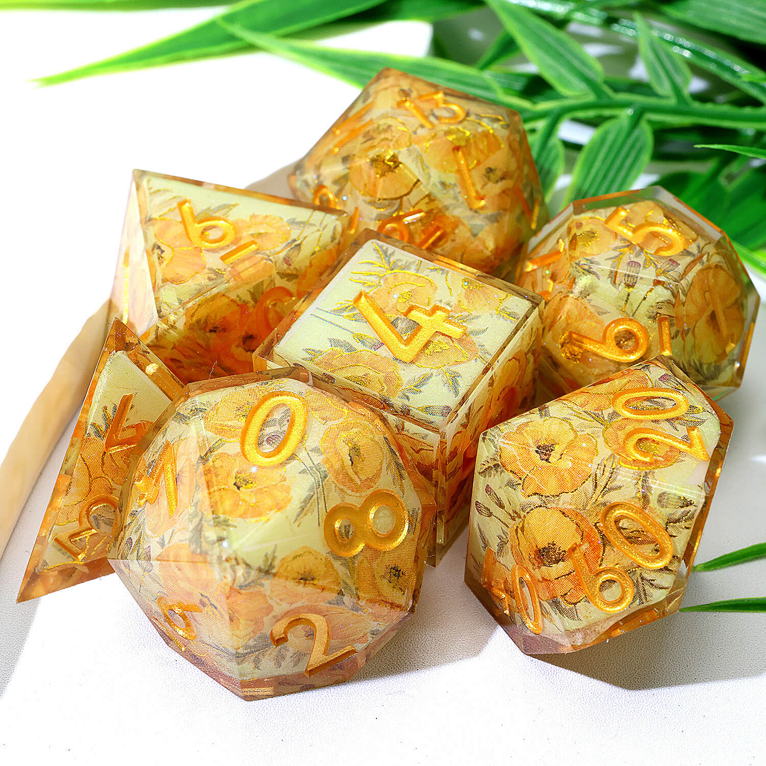 7 Piece Polyhedral Dice Sets D and D Yellow Flower - Dice of Dragons