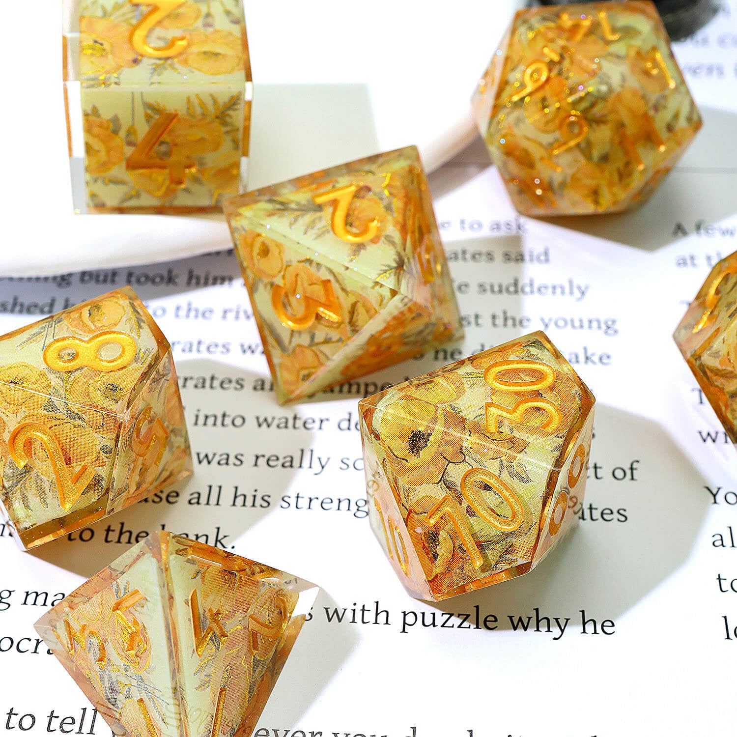 7 Piece Polyhedral Dice Sets D and D Yellow Flower - Dice of Dragons